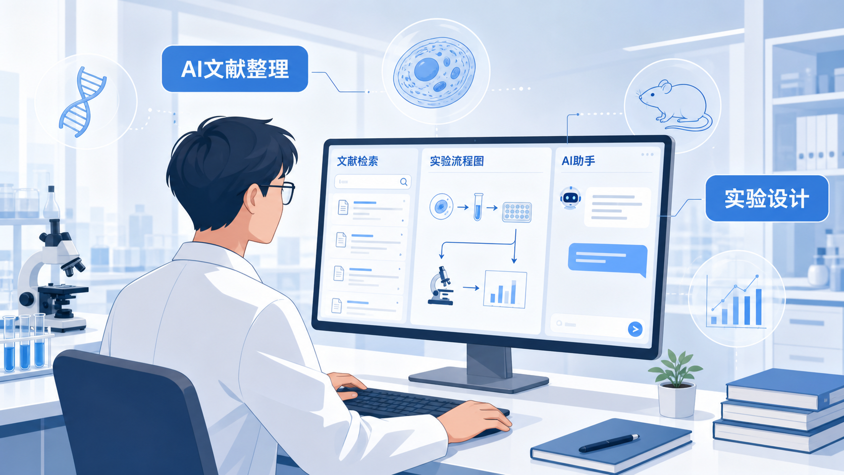 科研人员在电脑前使用AI助手整理文献、设计实验流程,背景包含RNA、细胞、动物实验等元素