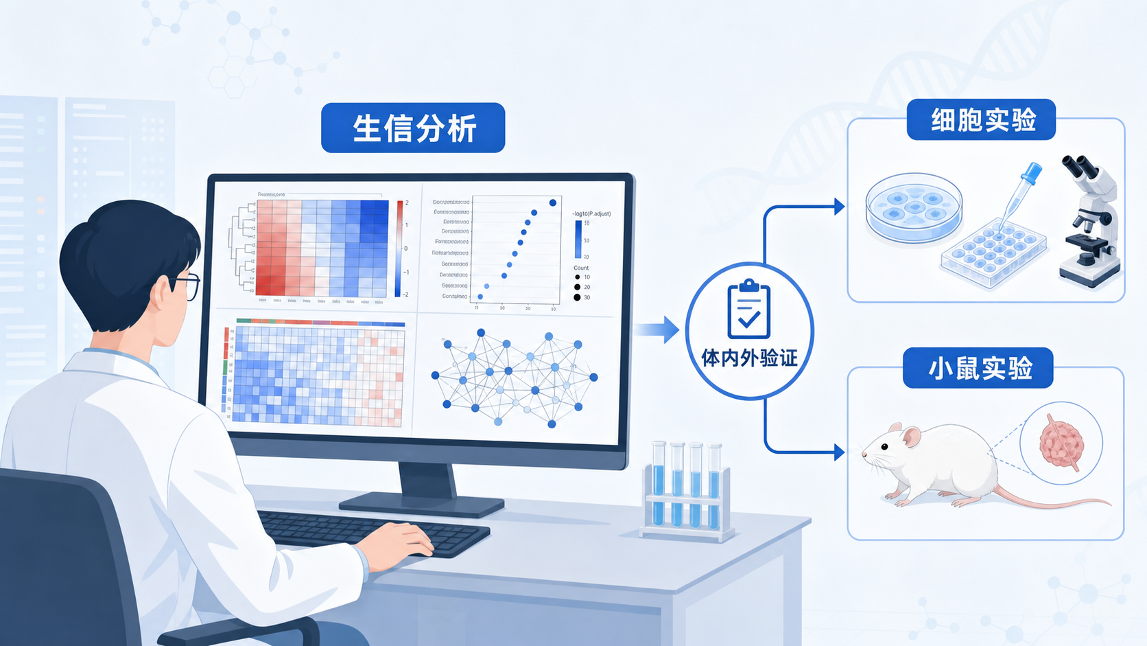 科研人员在电脑端查看生信热图、通路富集图,另一侧连接细胞实验和小鼠实验示意图,表现“生信到体内外验证”的完整研究链路。