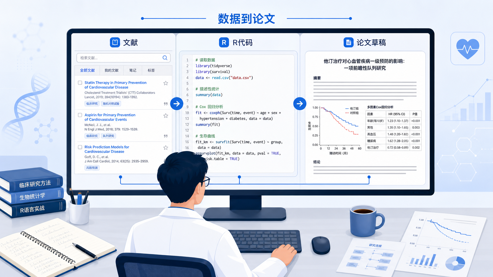 一位科研人员在电脑前同时打开文献、R代码和论文草稿，画面体现“数据到论文”的全流程协同