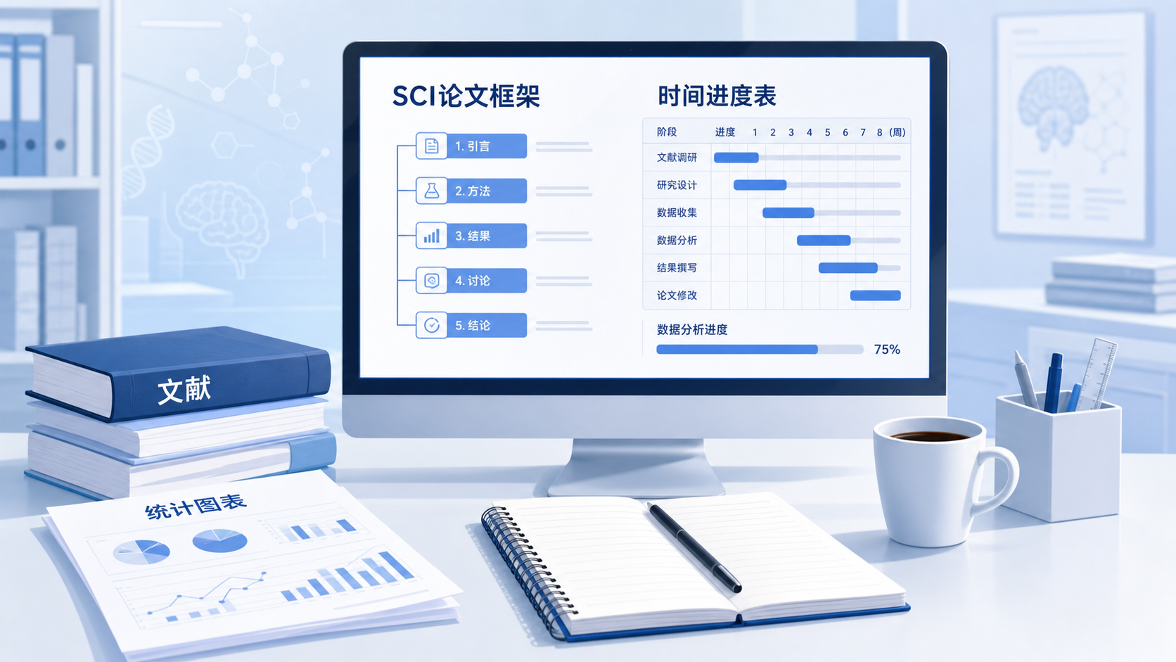 临床科研工作场景,桌面上有文献、统计图表、电脑屏幕显示SCI论文框架和时间进度表。