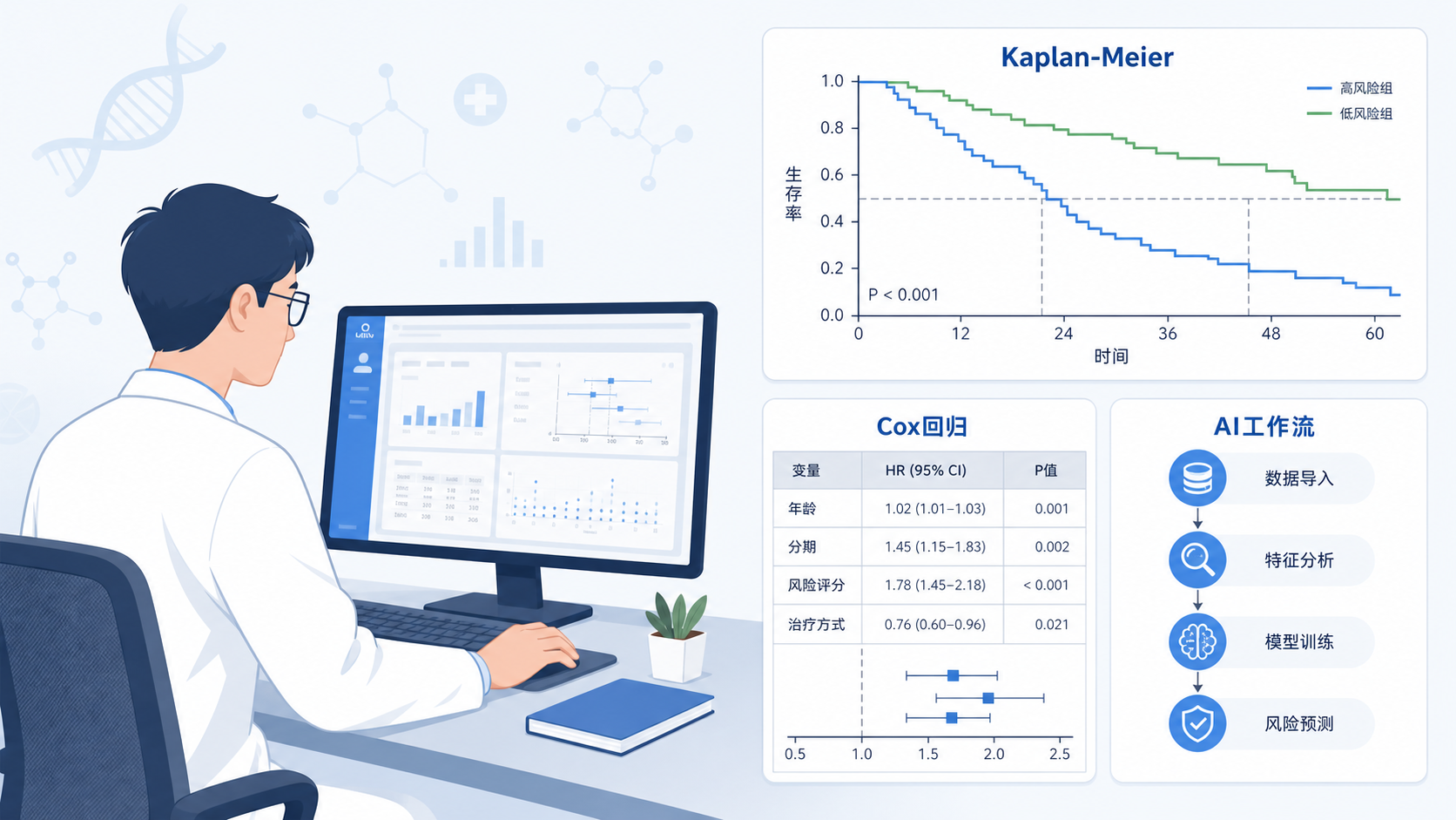 科研人员在电脑前处理生存数据，旁边显示Kaplan-Meier曲线、Cox回归表和AI工作流示意图