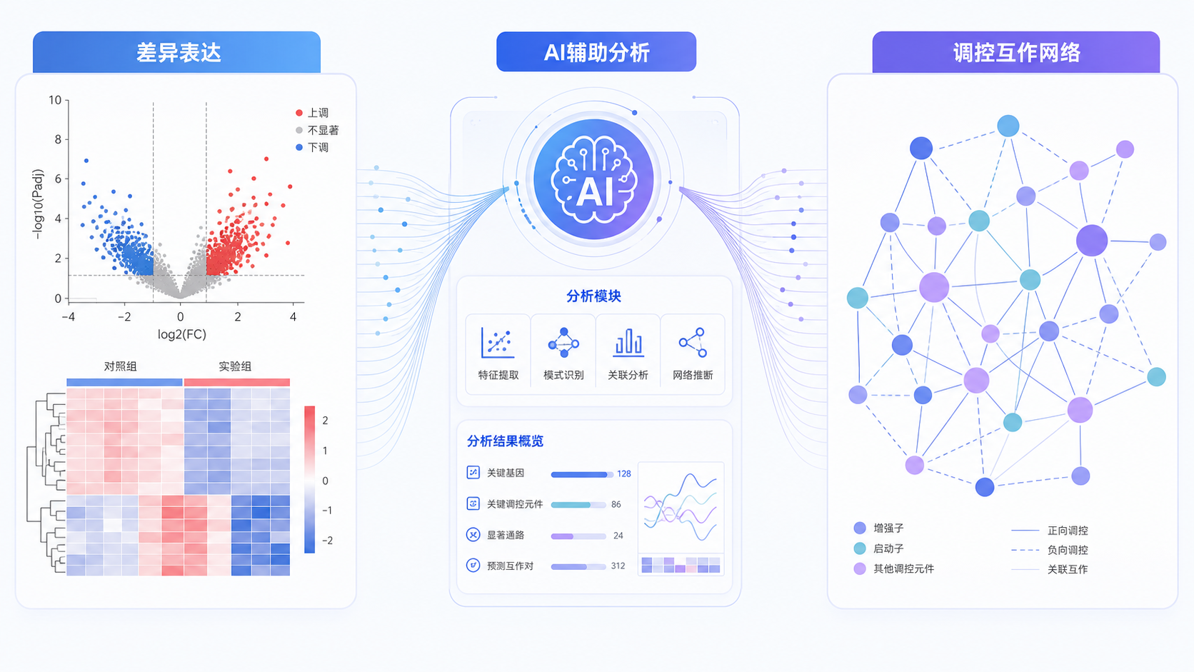 一张科研工作场景图,左侧是差异表达火山图和热图,右侧是调控元件互作网络图,中间有AI辅助分析的界面元素。