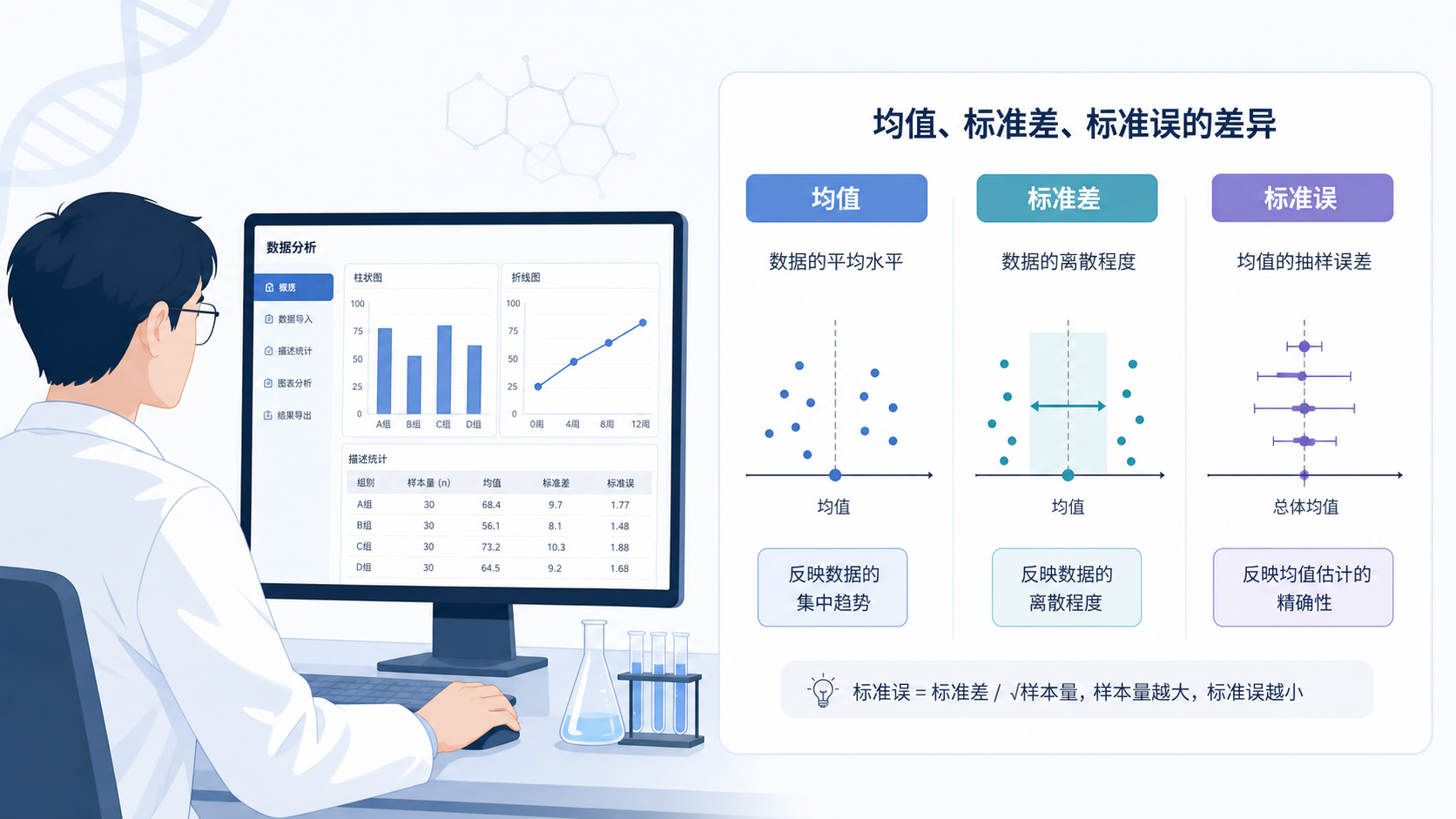 医学研究人员在电脑前查看统计图表，旁边展示均值、标准差和标准误的对比示意图。