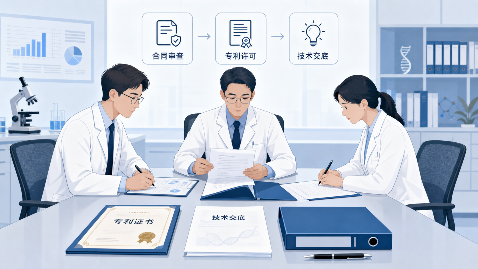 医学科研人员在会议桌前审核专利许可合同,旁边展示专利证书、法务文件和技术交底材料。
