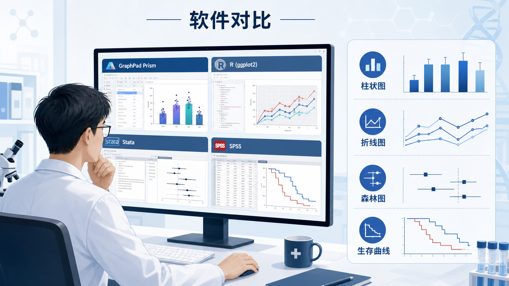 一张科研人员在电脑前对比多种作图软件界面，旁边展示柱状图、折线图、森林图和生存曲线的缩略示意，风格简洁专业。