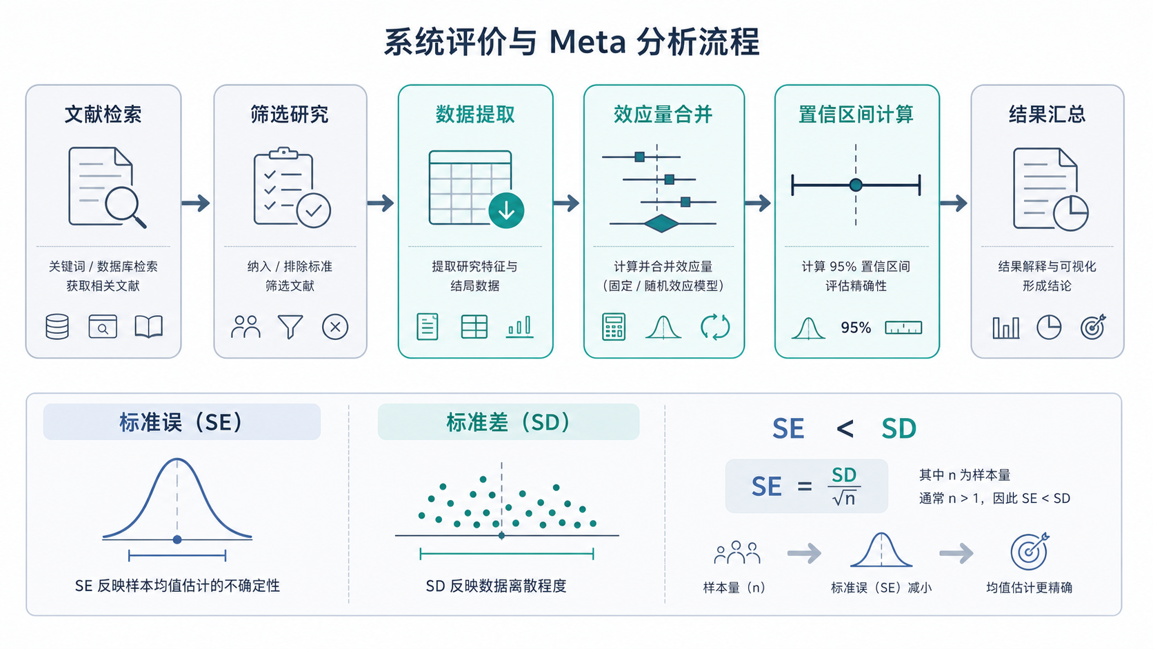 系统评价流程图,突出数据提取、效应量合并和置信区间计算,旁边标注标准误与标准差的区别