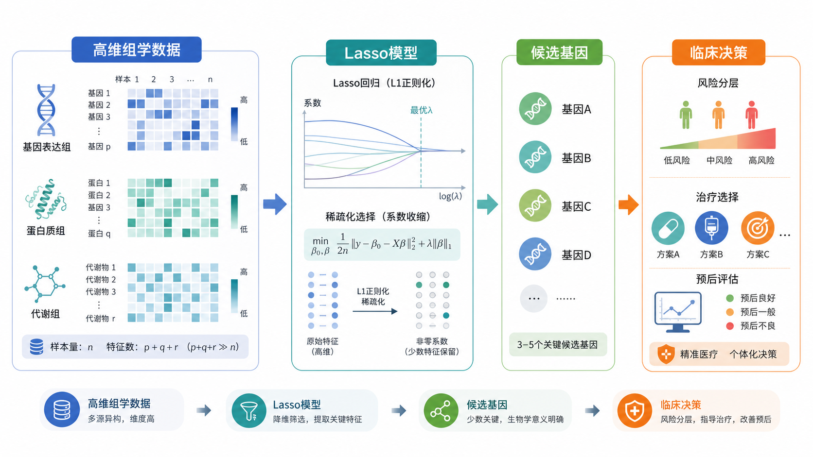 高维组学数据流向Lasso模型，再输出少量候选基因与临床决策的示意图