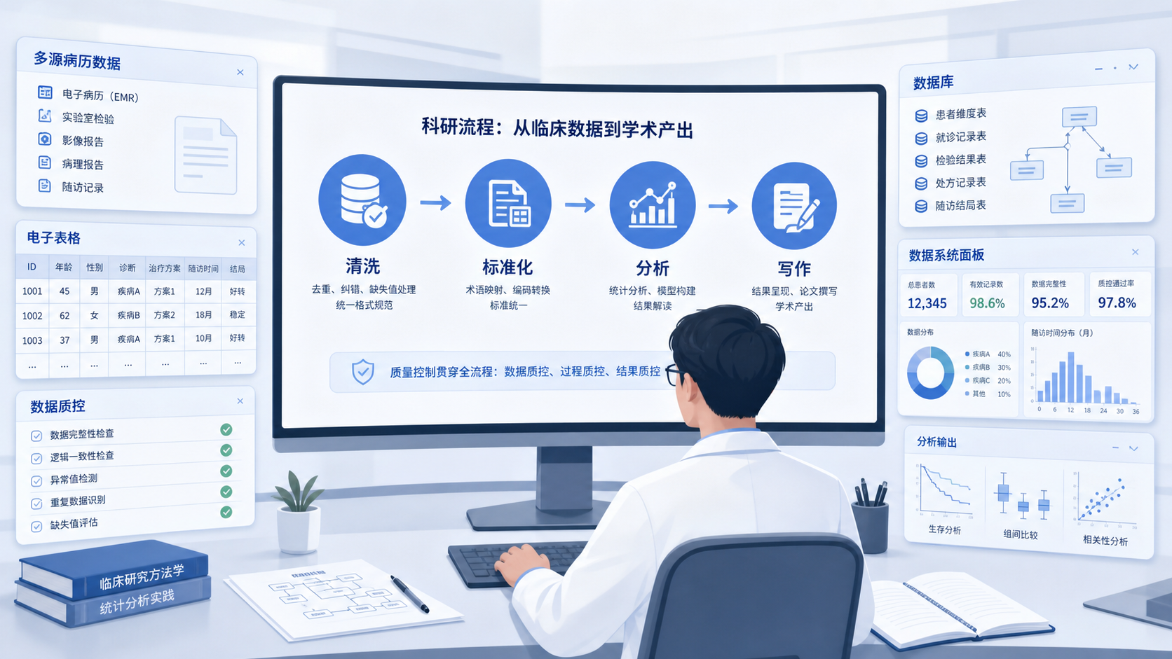 一位临床科研人员面对多源病历、表格和数据系统,屏幕上显示“清洗、标准化、分析、写作”流程图,突出数据格式化难题。