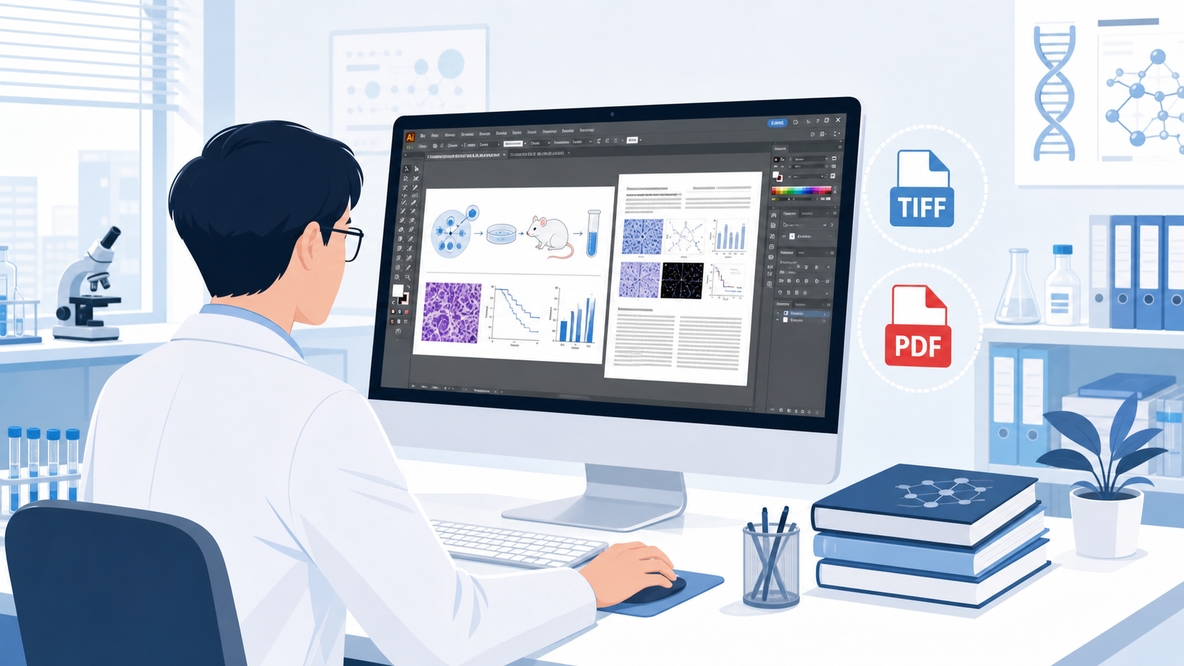 科研人员在电脑前使用Adobe Illustrator整理SCI论文插图，旁边展示TIFF、PDF、EPS等文件格式图标，以及300dpi、RGB、CMYK标识。