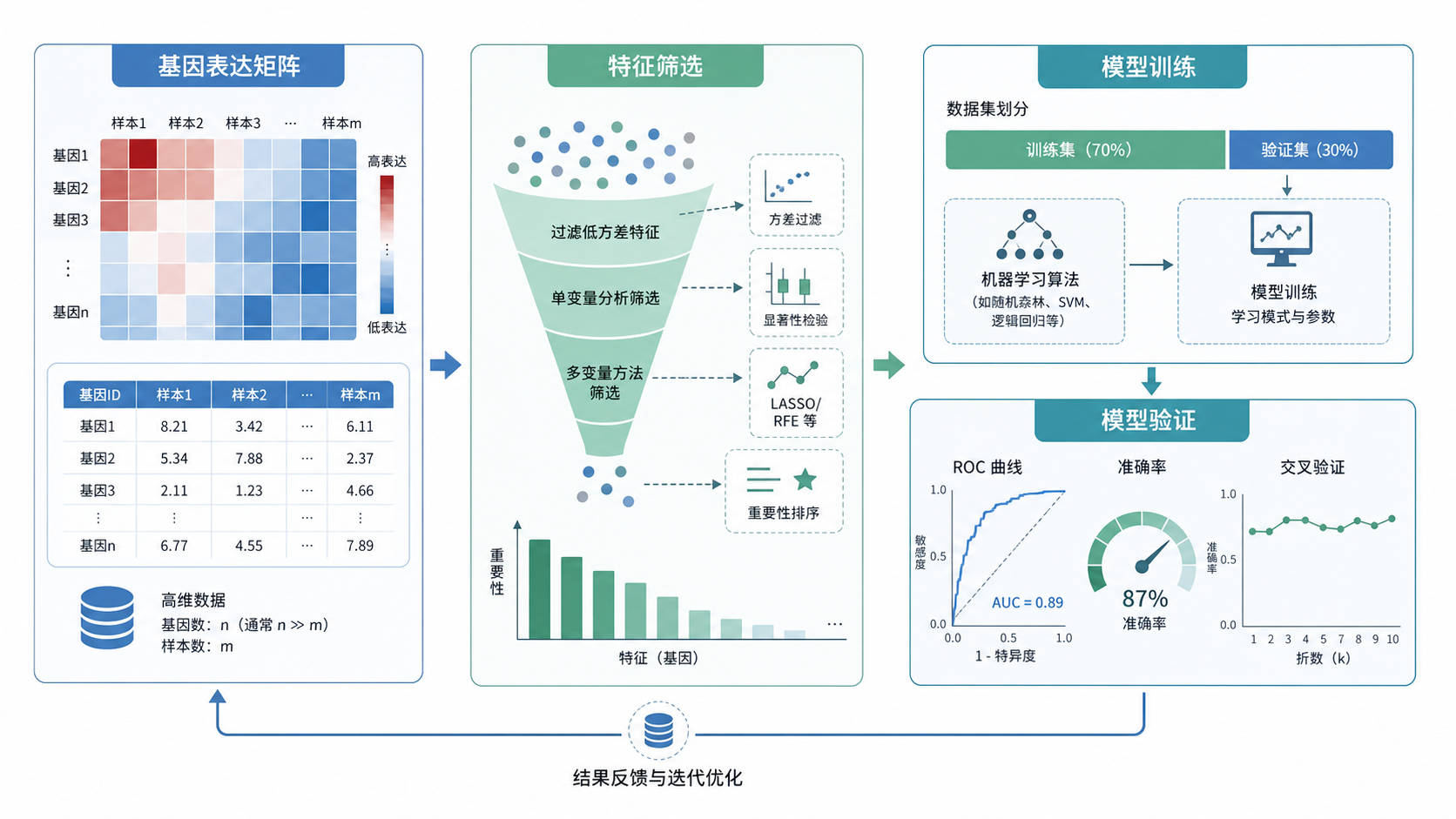 生信数据分析流程图,展示高维基因表达矩阵、特征筛选、模型训练与验证的关系,风格简洁专业。