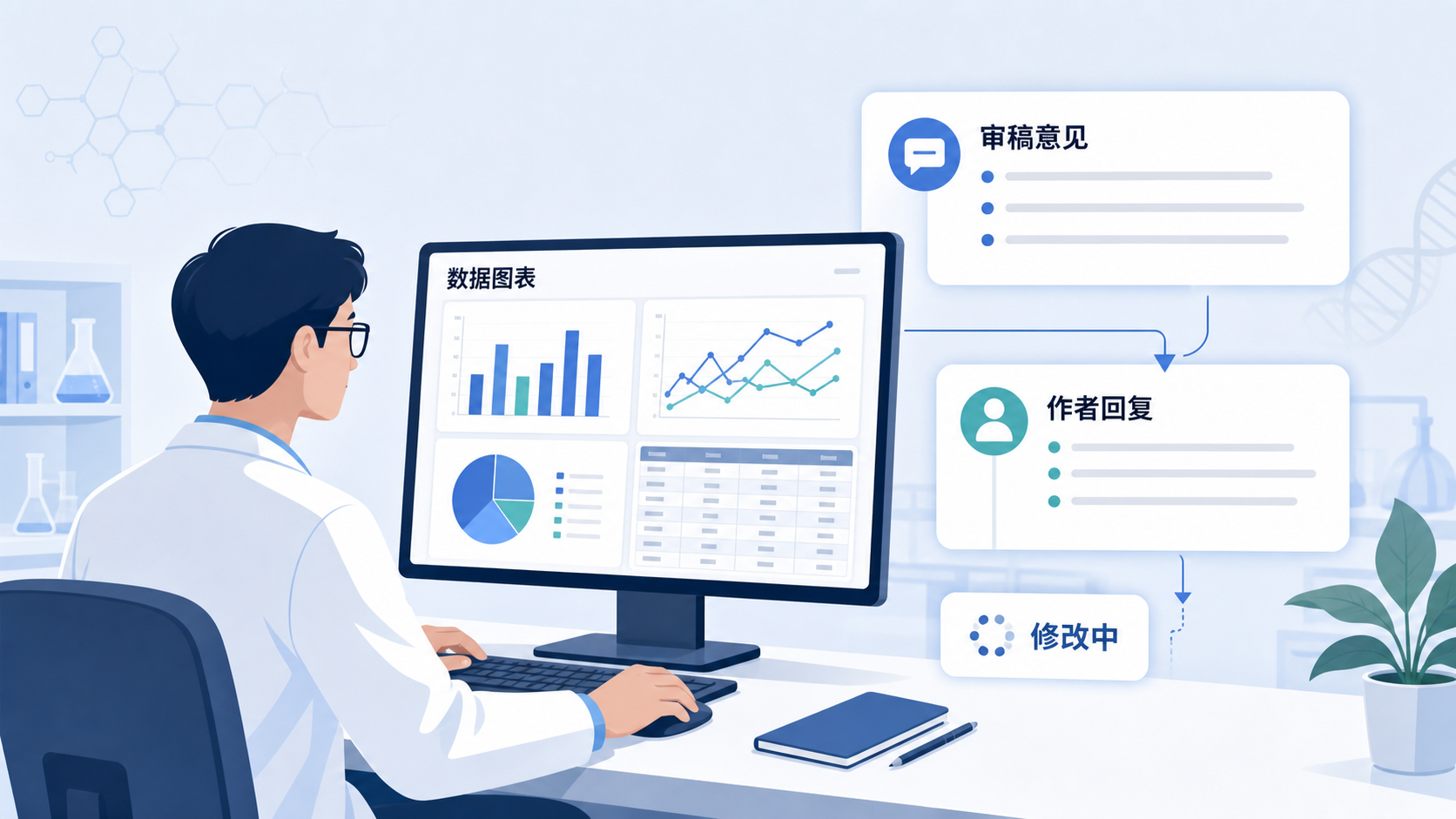科研人员在电脑前整理数据图表，旁边显示审稿意见与回复文档，体现人机协作场景