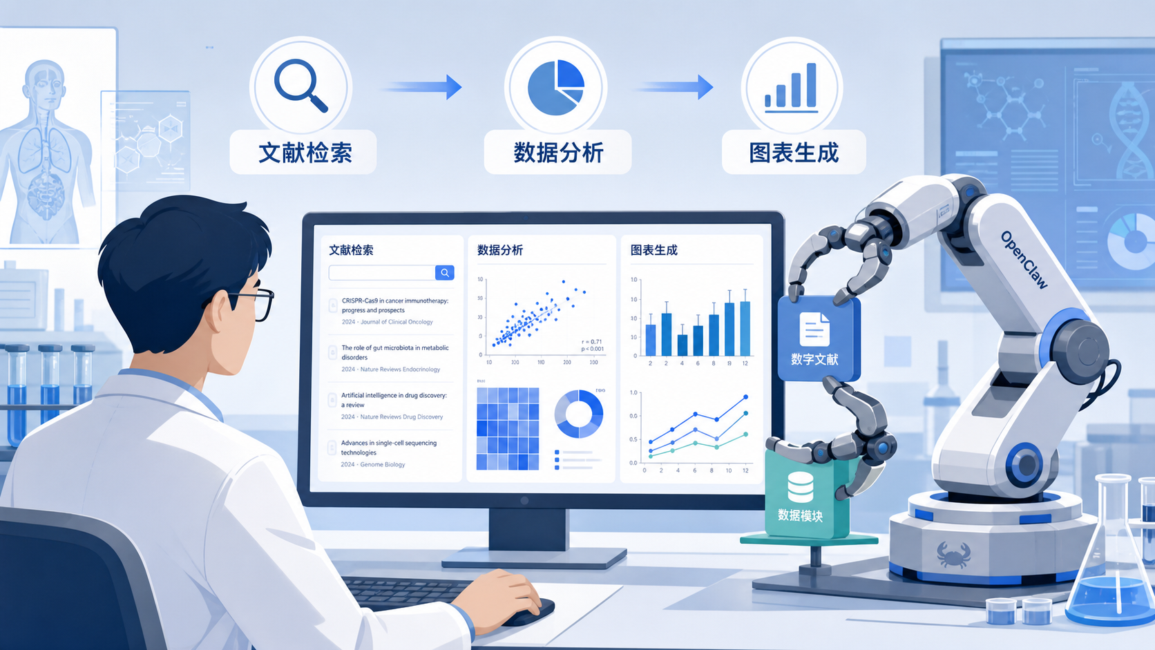 实验室场景中,研究者在电脑前通过OpenClaw龙虾机器人处理文献检索、数据分析和图表生成的示意图