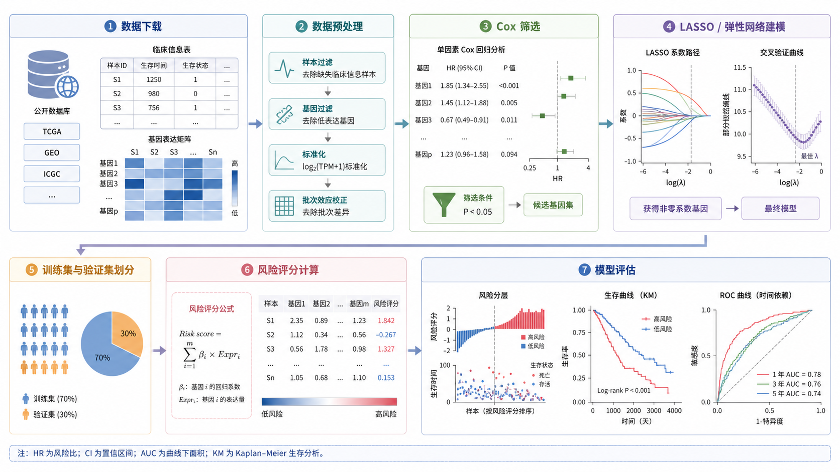 一张生信风险评分建模流程图，包含数据下载、预处理、Cox筛选、LASSO/弹性网络建模、训练集与外部验证、列线图和ROC评价等步骤。
