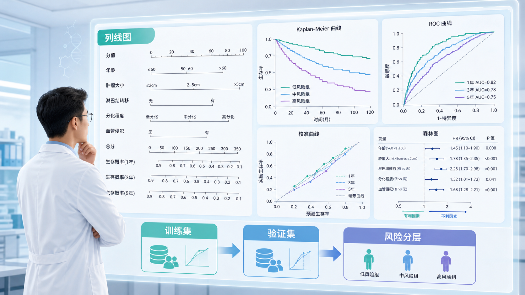 临床研究场景下，医生查看列线图和统计分析结果，旁边有训练集、验证集和风险分层示意图。