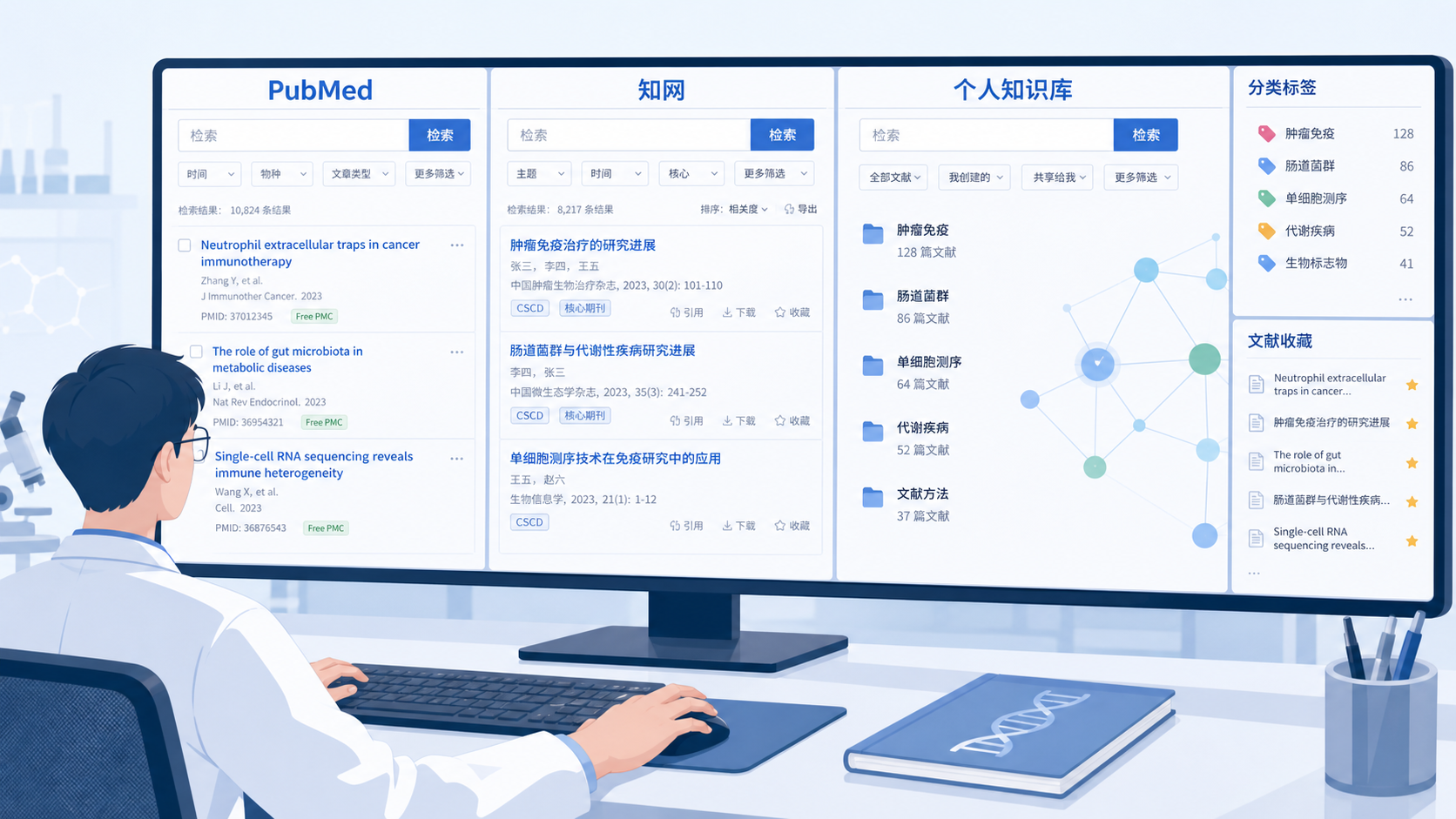 一位科研人员在电脑前同时打开PubMed、知网和个人知识库界面，旁边有分类标签、文献收藏夹和检索式框图，体现“检索-整理-复用”闭环。