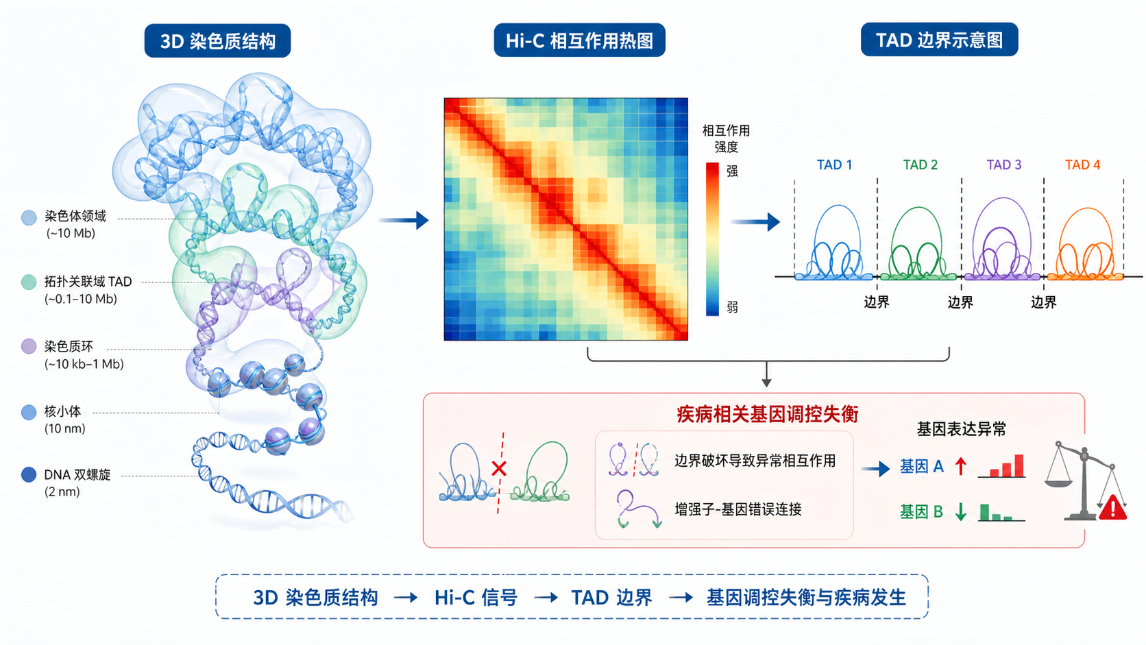 展示染色质三维结构、Hi-C热图与TAD边界示意图,旁边标注疾病相关基因调控失衡