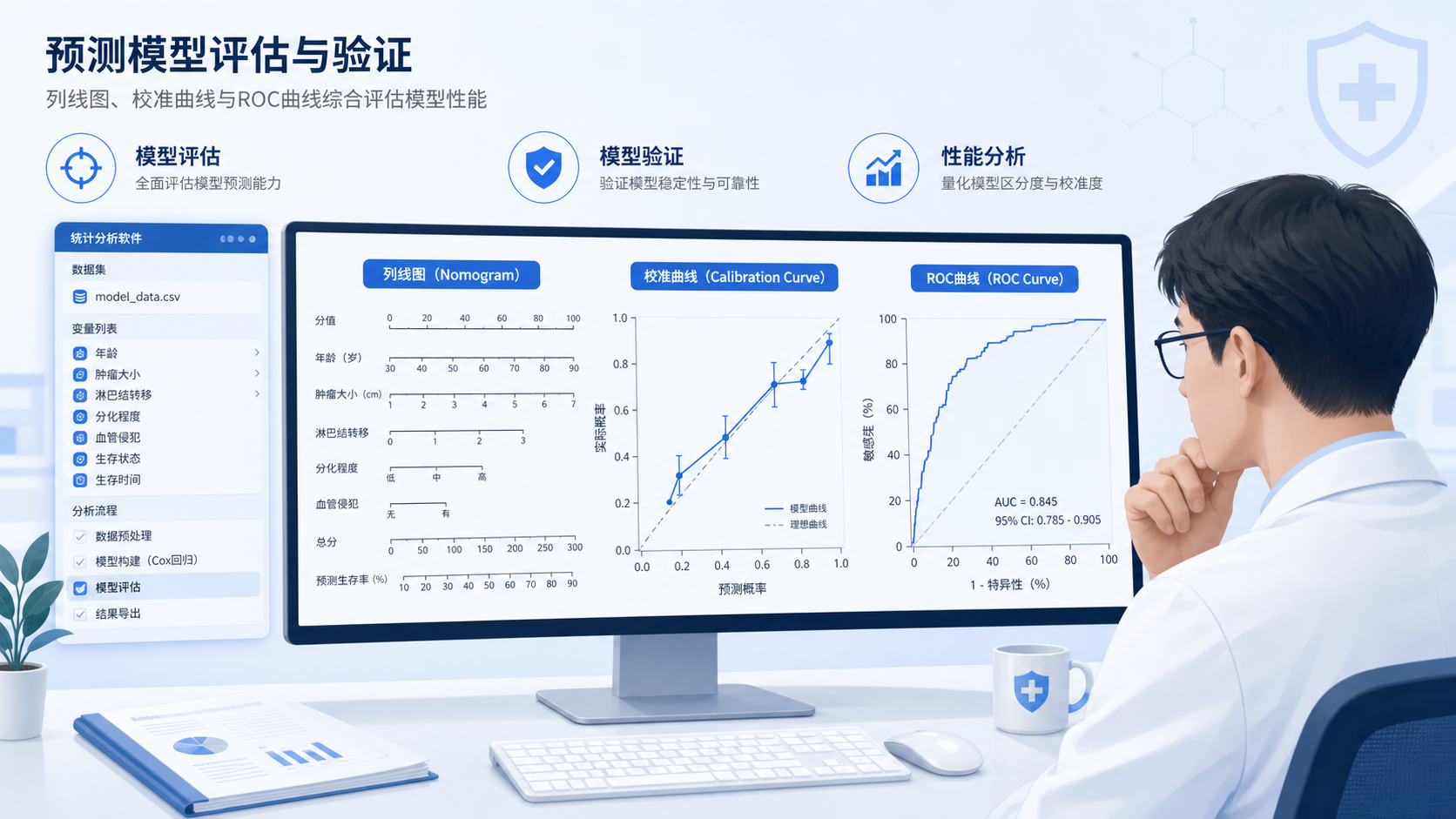 科研人员在电脑前查看列线图、校准曲线和ROC曲线,旁边放有统计分析软件界面截图,强调模型评估场景