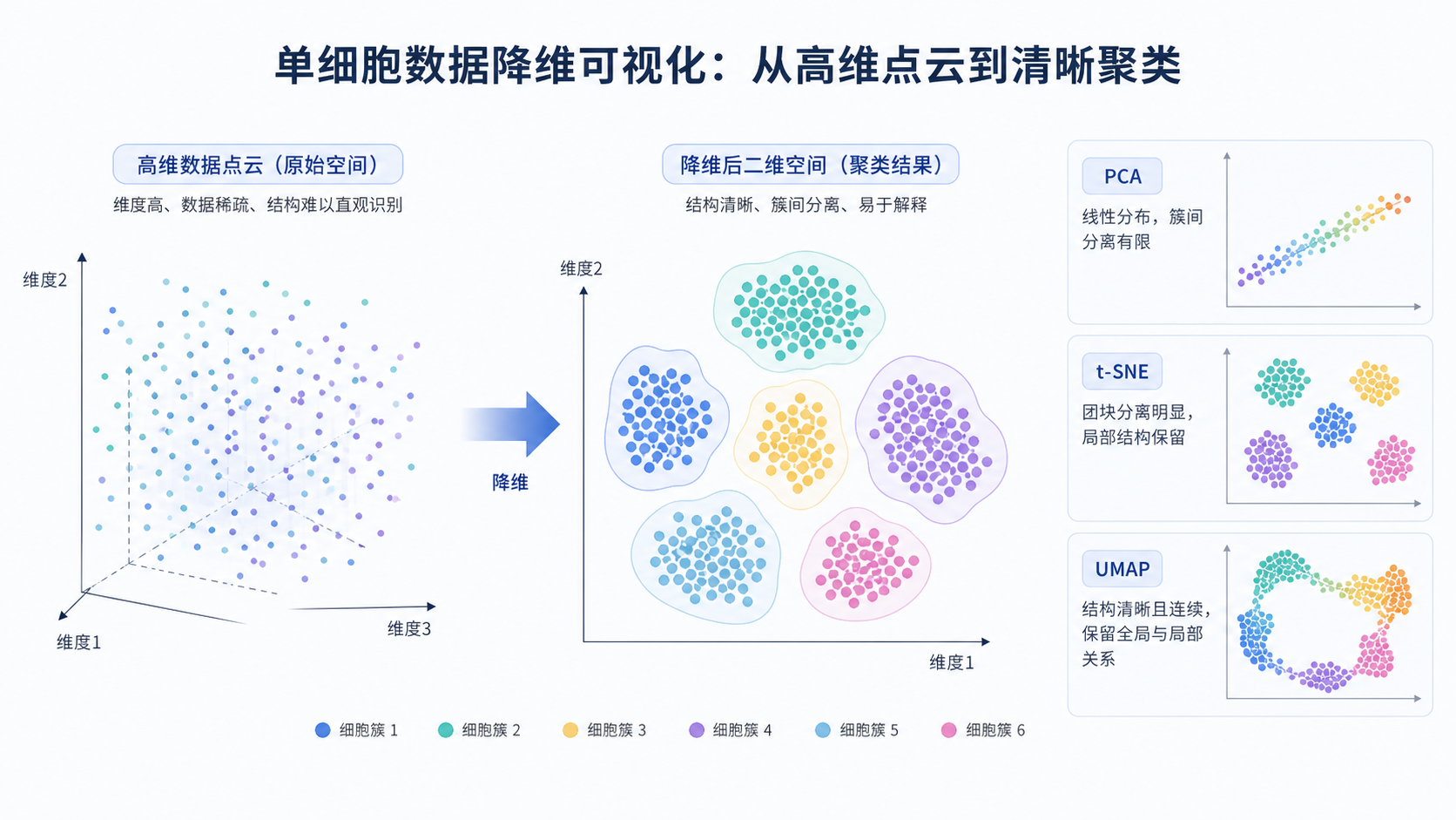 单细胞数据高维点云经过降维后形成清晰聚类图,旁边对比PCA、t-SNE、UMAP三种可视化示意