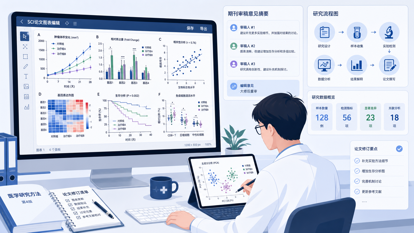 科研人员在电脑前整理SCI论文图表,旁边显示期刊审稿意见、流程图和多组数据可视化界面