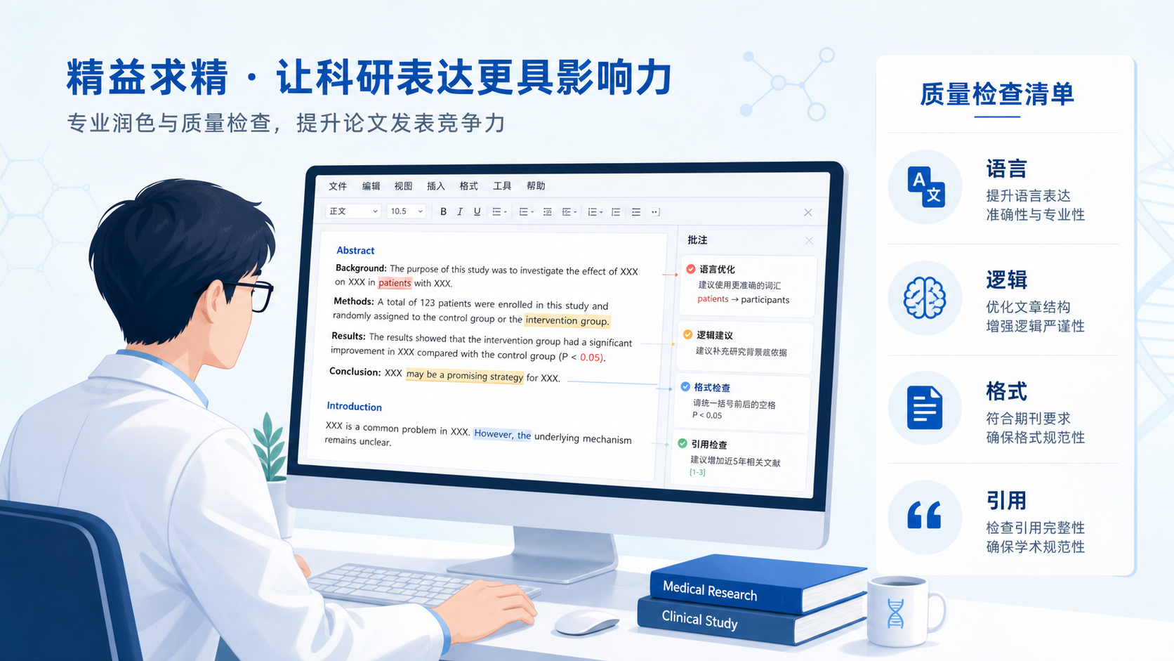 一位科研人员在电脑前逐段修改SCI论文,旁边标注“语言、逻辑、格式、引用”四项检查清单。