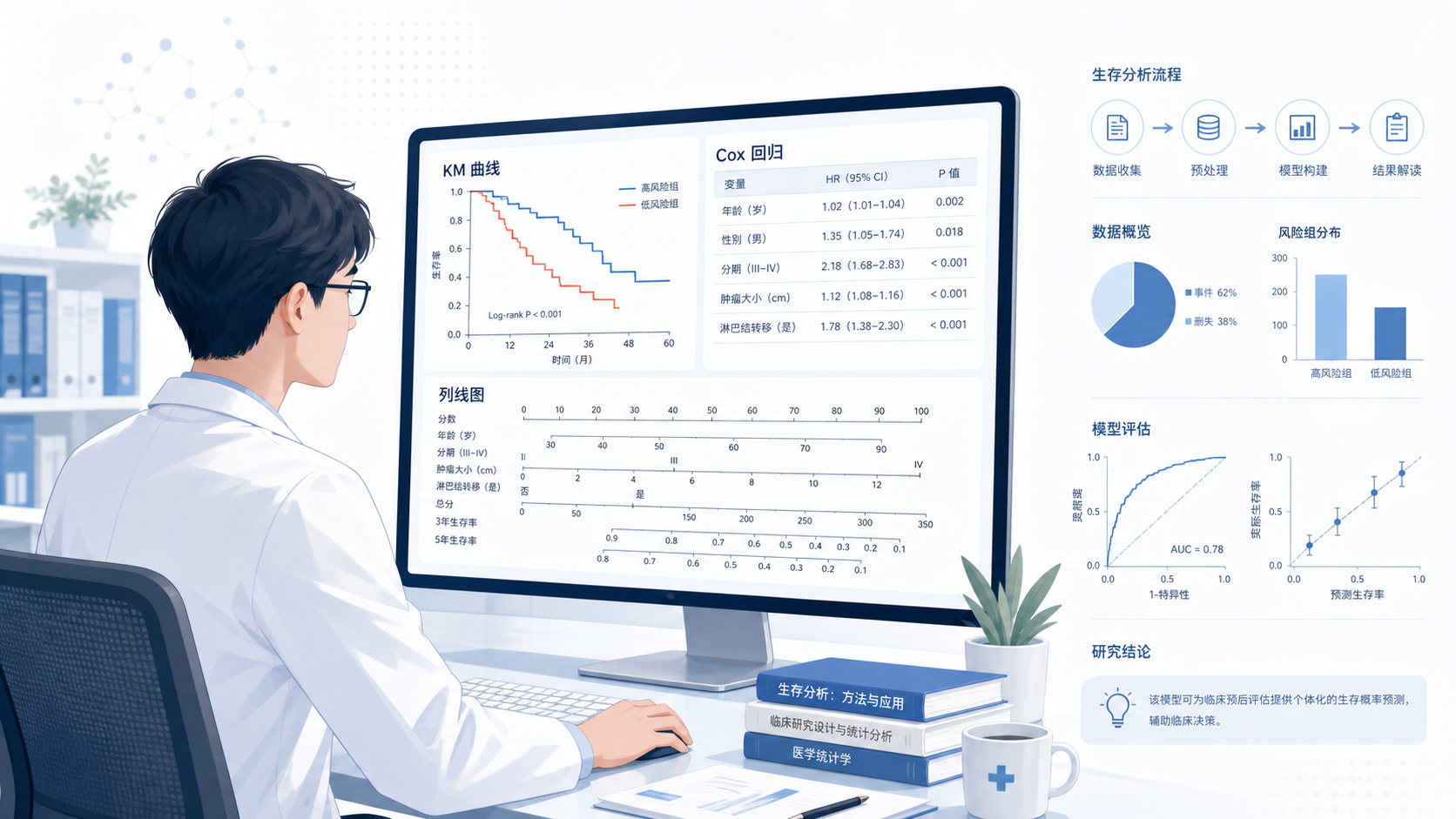 一位医学生或科研人员在电脑前处理生存分析数据,屏幕上显示KM曲线、Cox回归表和列线图,整体风格专业简洁。