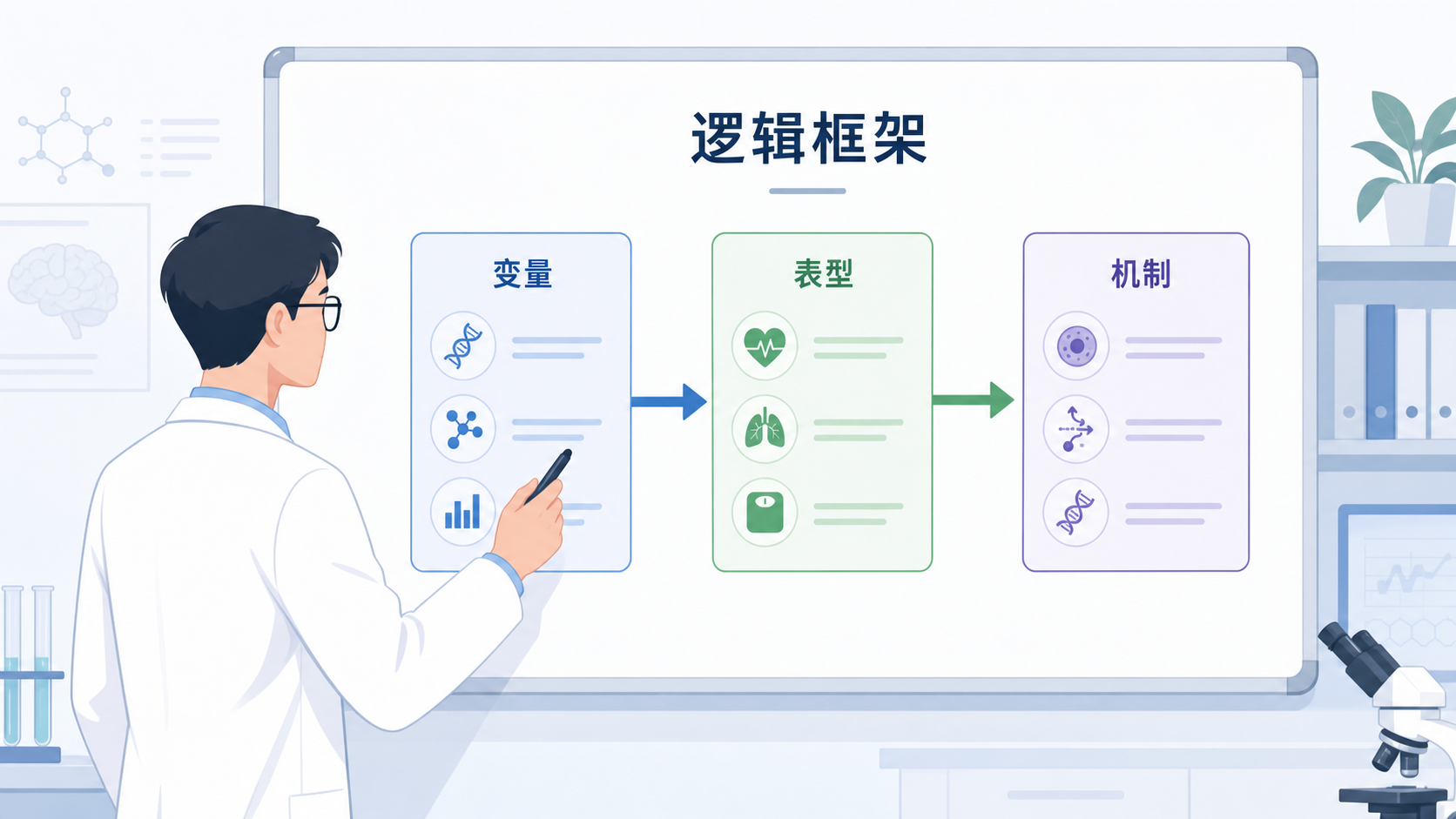 科研人员在白板前梳理论文逻辑框架,旁边有变量、表型、机制箭头关系图,画面专业简洁
