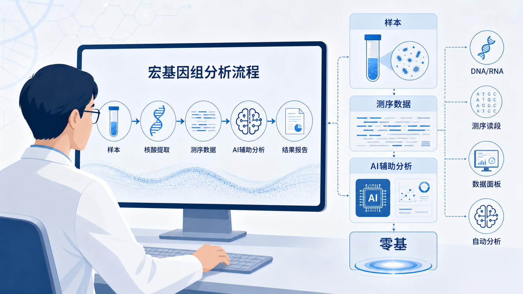 一位临床医生在电脑前查看宏基因组分析流程图，旁边展示样本、测序数据和AI辅助分析界面，突出“零基础也能上手”的科研场景。
