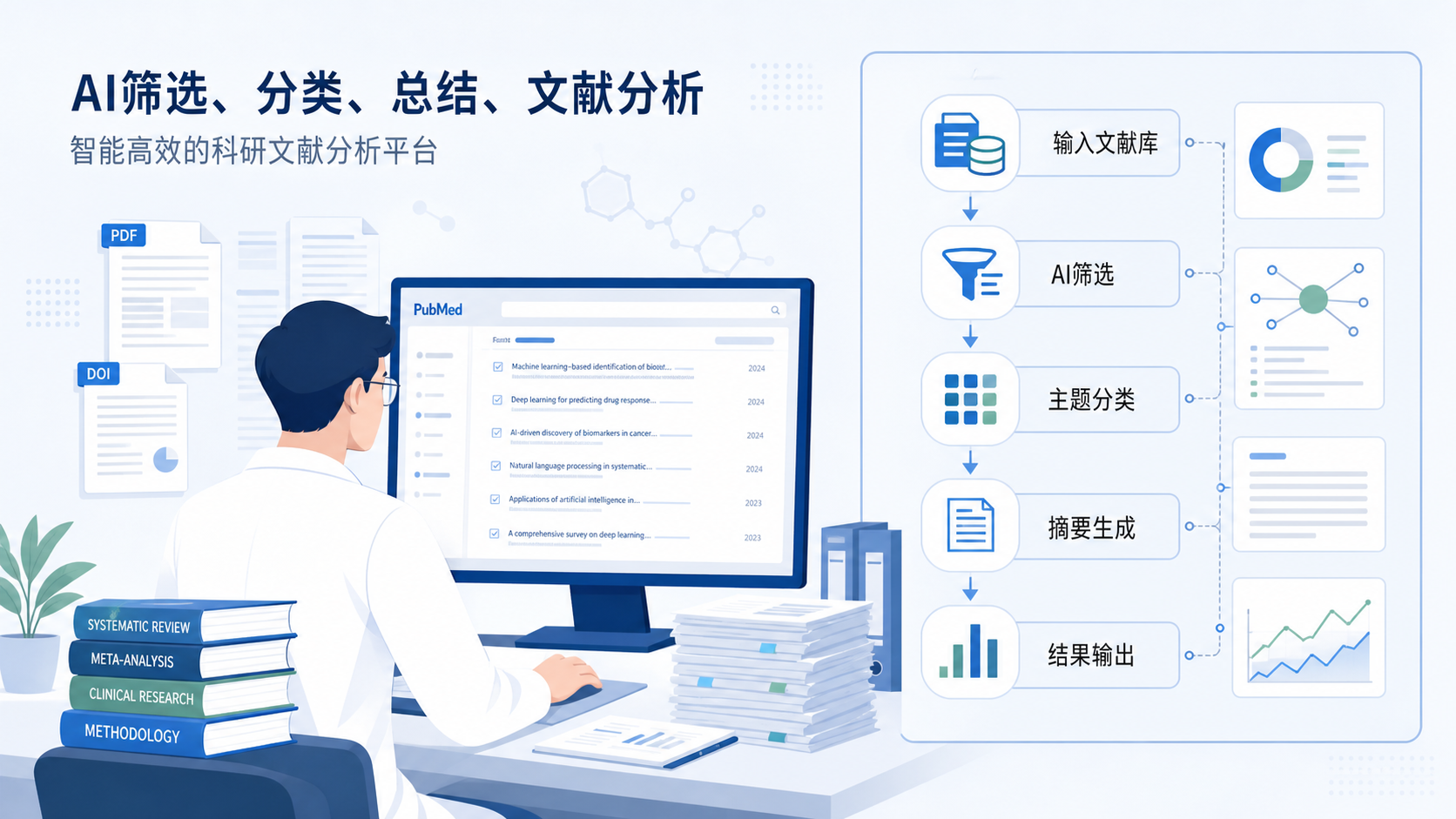 科研人员在电脑前处理大量文献,旁边展示AI自动筛选、分类和总结的工作流界面。