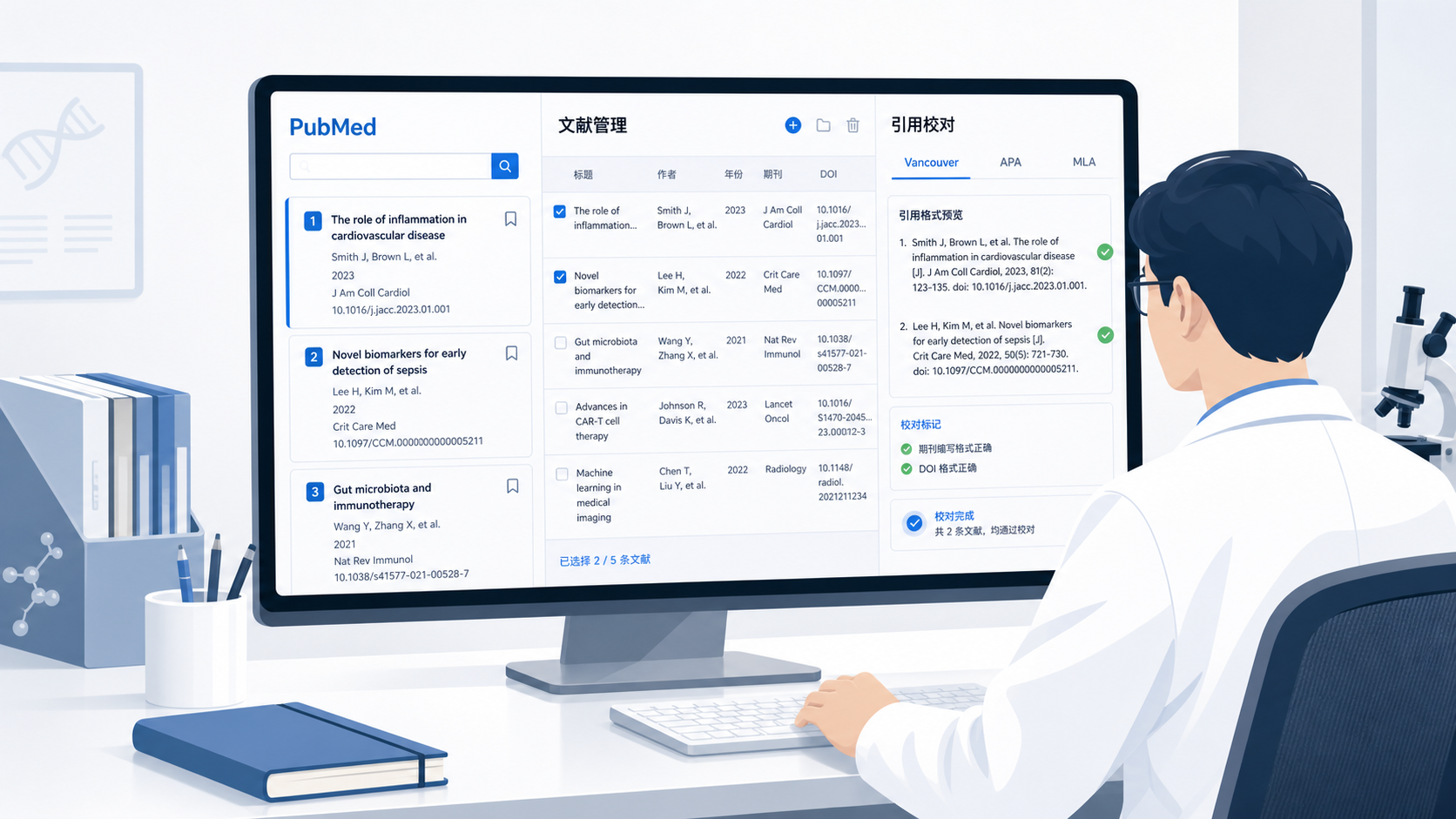 一位科研人员在电脑前同时查看PubMed检索结果、文献管理列表和引用格式校对界面，突出文献管理的复杂性。