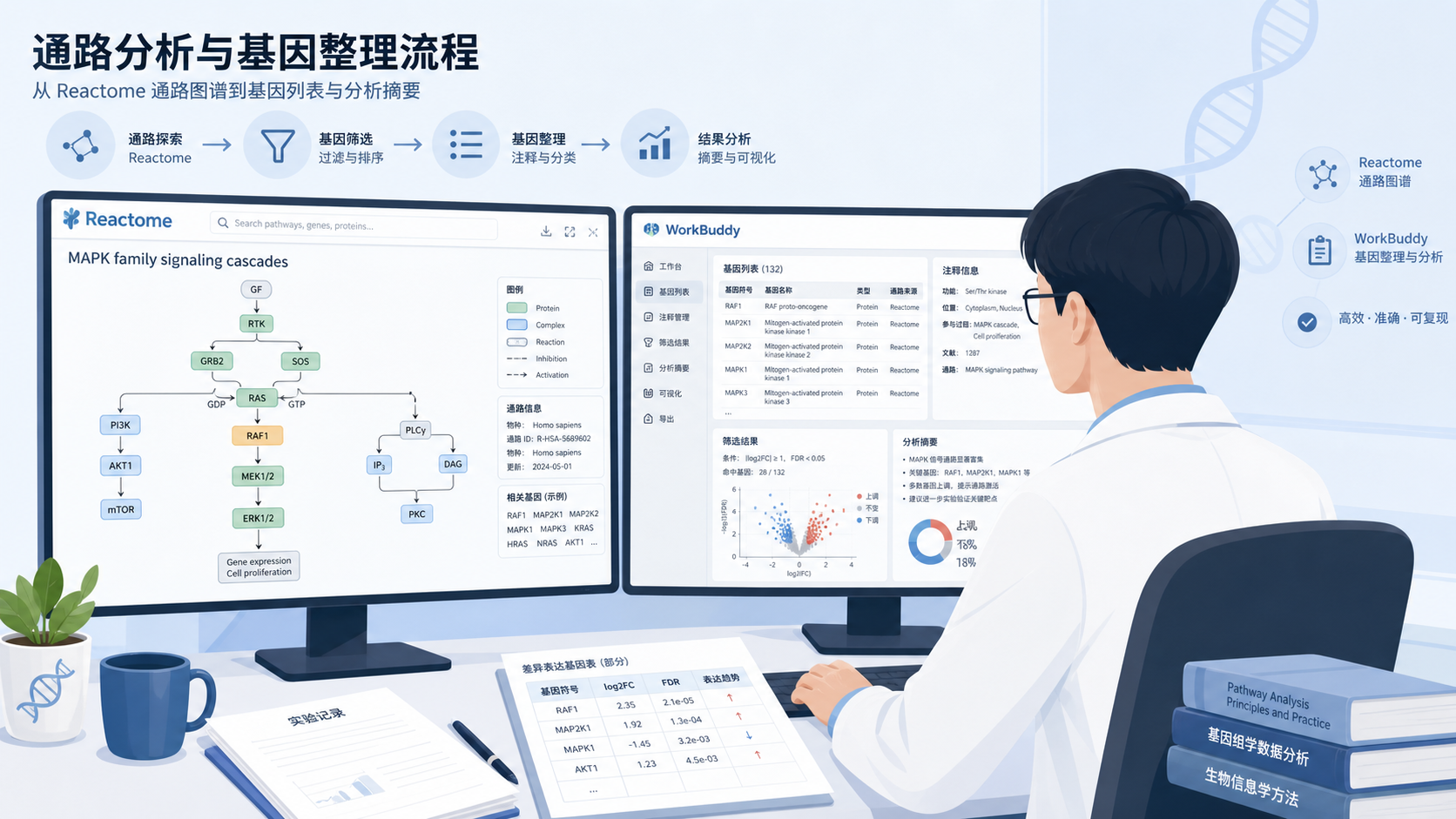 科研人员在电脑前查看Reactome通路图谱，并在旁边用WorkBuddy整理基因列表与分析结果的示意图