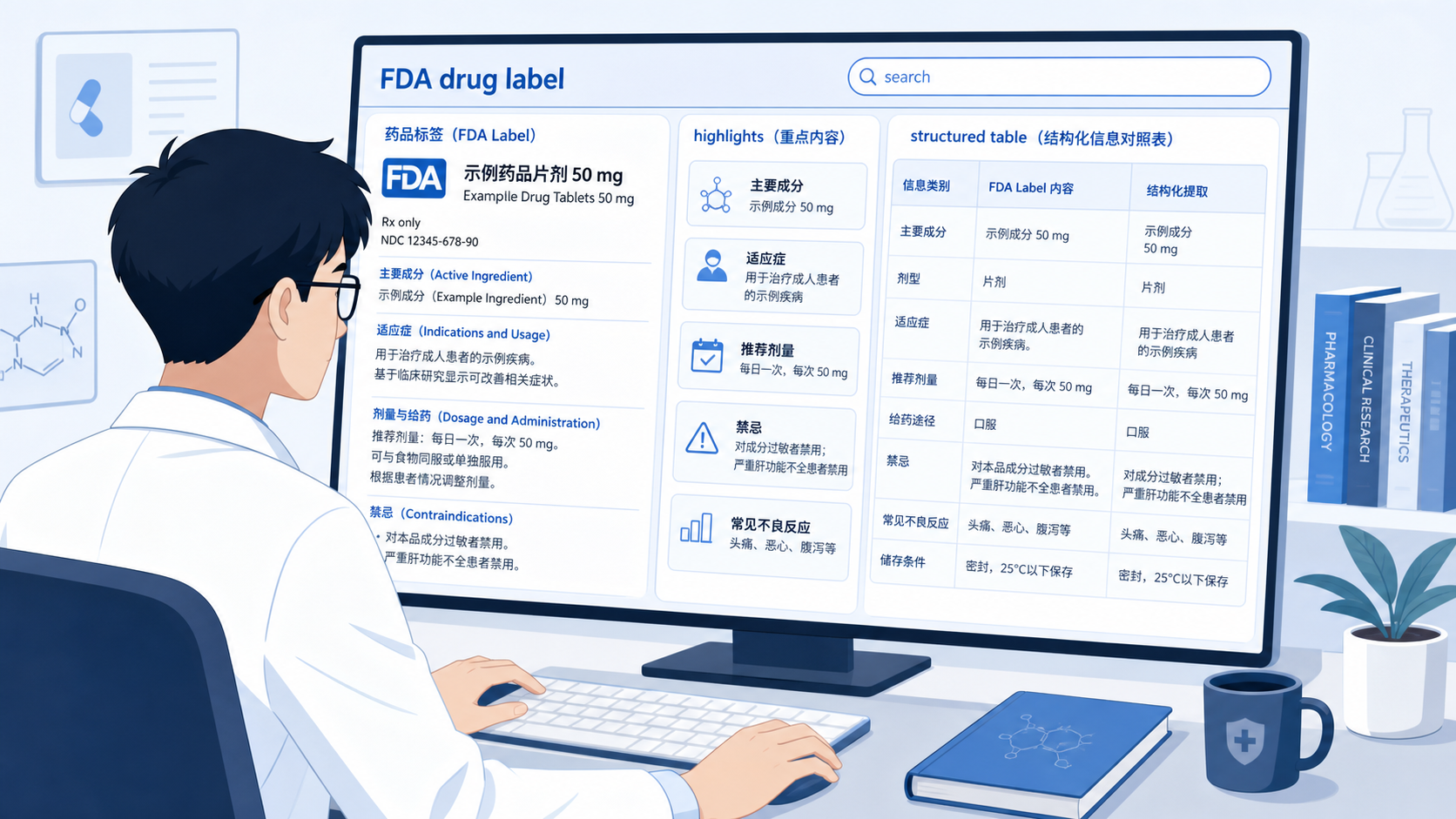 一位医学生或研究人员在电脑前对照FDA药品说明书与结构化表格，界面展示药品标签、检索框和高亮重点信息