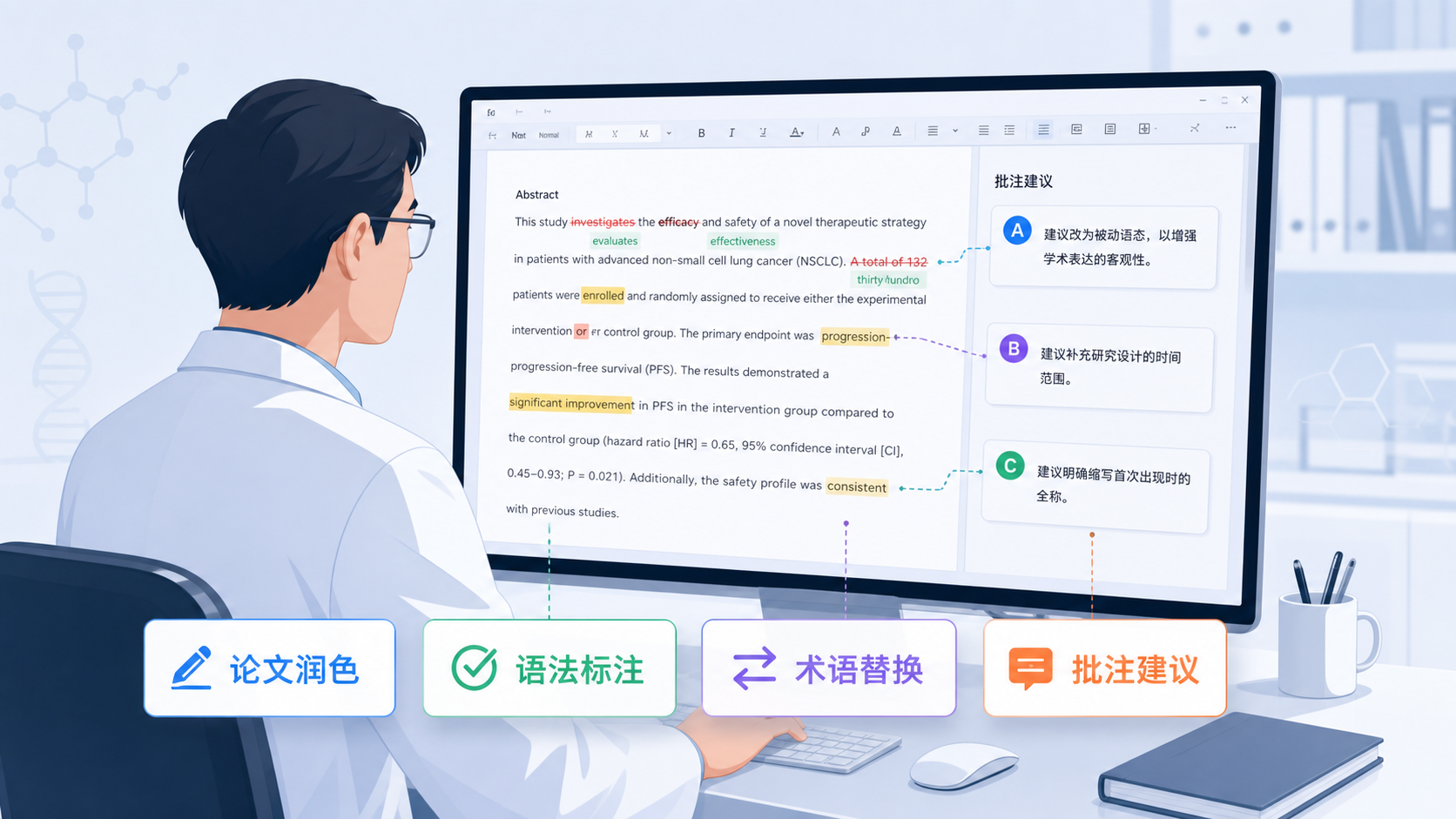 科研人员在电脑前修改SCI论文,旁边显示语法标注、术语替换和论文批注界面,强调学术写作润色场景