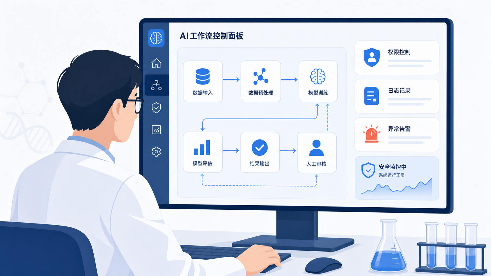 一位科研人员在电脑前查看AI工作流面板,旁边显示权限控制、日志记录和异常告警图标,整体风格专业、冷静、科技感强