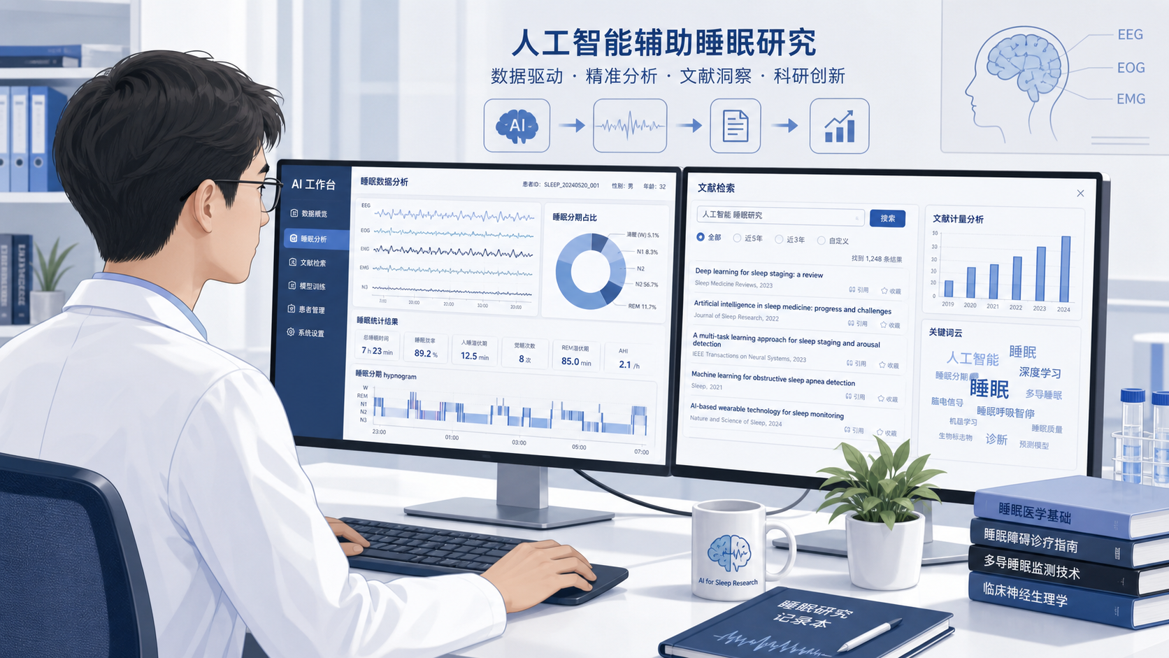 医学生或科研人员在电脑前处理睡眠监测数据,屏幕上显示AI工作台、文献检索和结果分析界面,整体风格专业、简洁。
