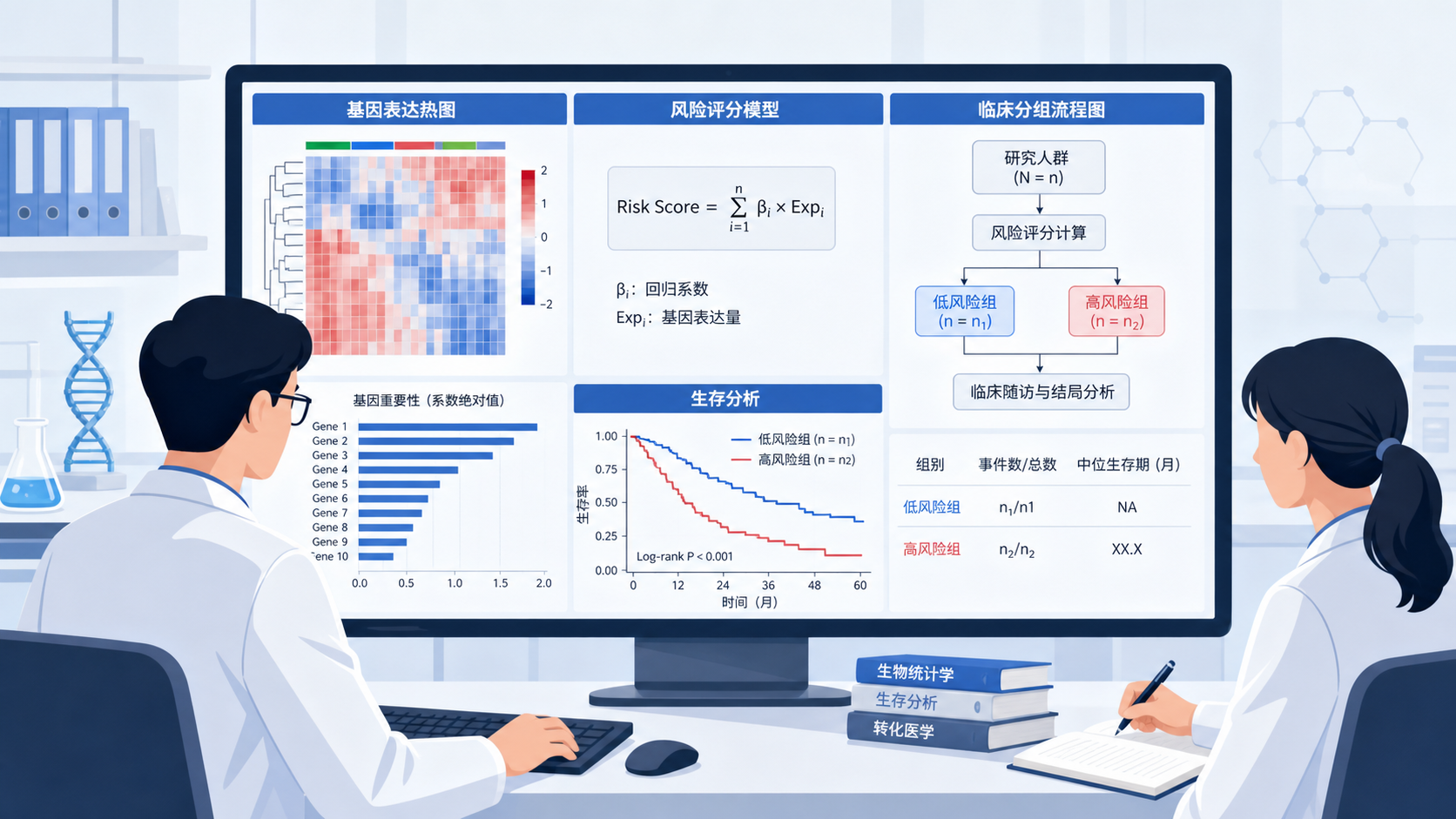 科研人员在电脑前查看基因表达热图、风险评分模型和临床分组流程图的专业科研场景