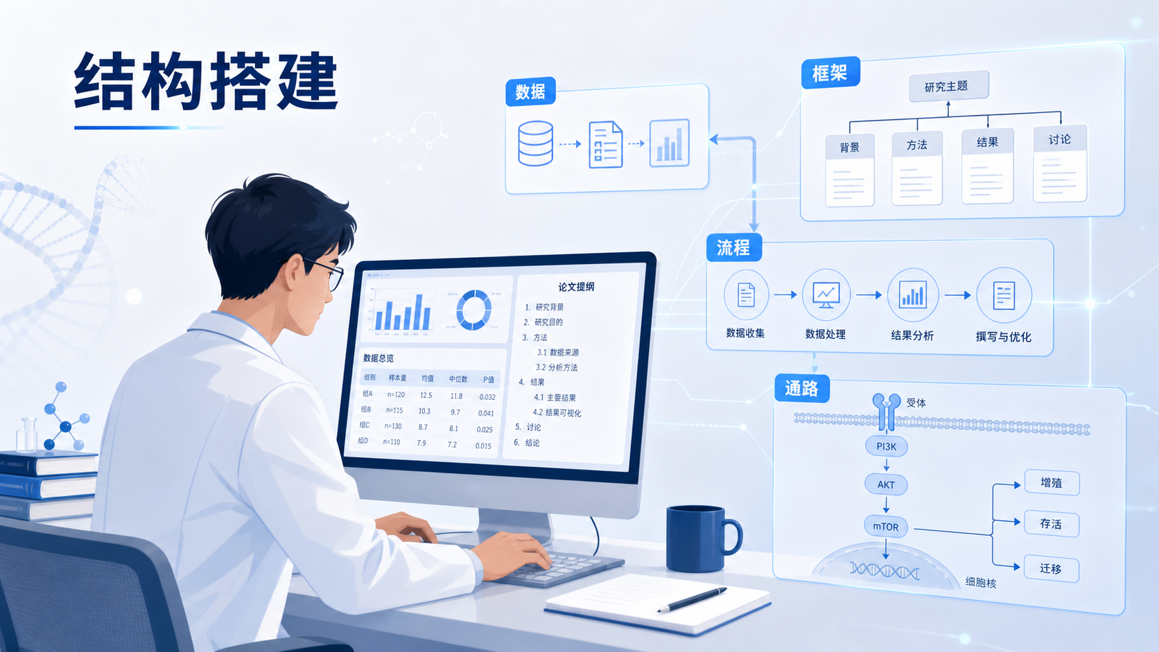 一位医生在电脑前整理实验数据和论文框架,旁边有流程图、信号通路和论文结构草图,体现“结构搭建”主题。