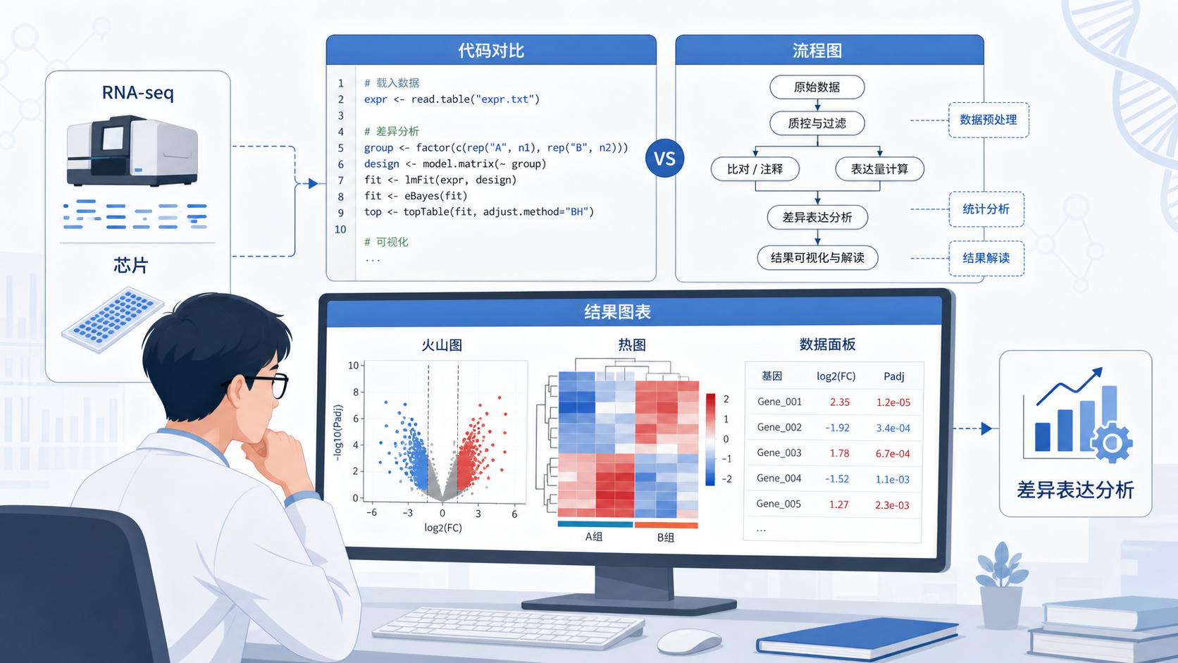 科研人员在电脑前对比手写代码与标准化分析流程图,旁边显示RNA-seq或芯片差异表达分析结果图表。