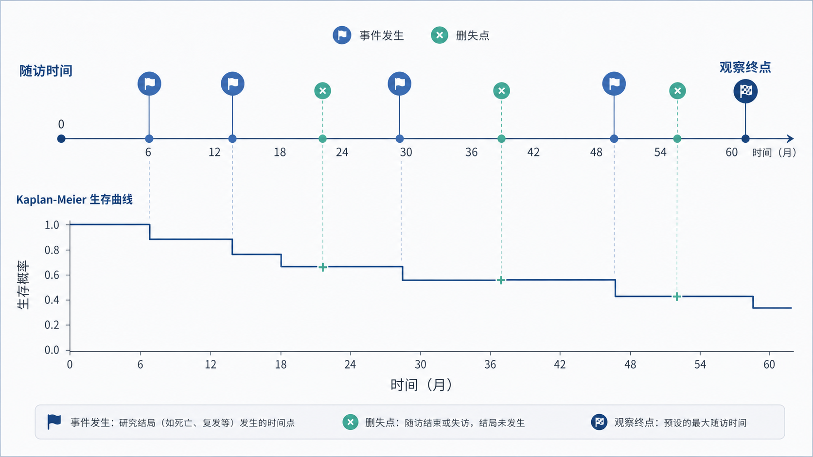 临床研究随访时间轴示意图,显示事件发生、删失点与观察终点,配合Kaplan-Meier曲线的简洁示意图。