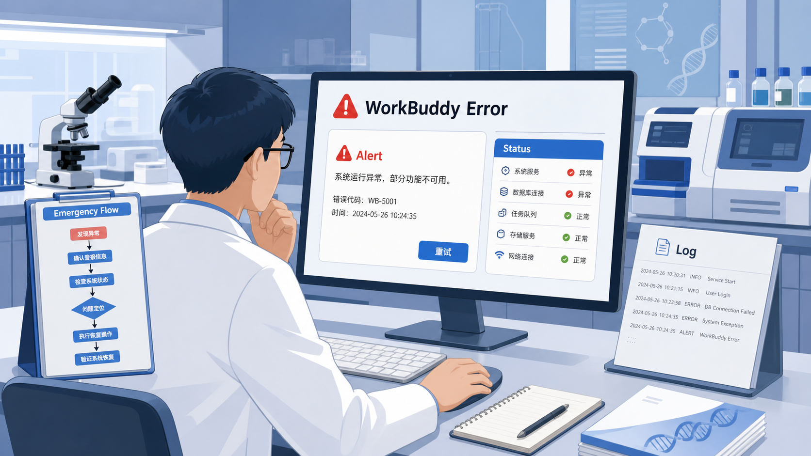 生物医学研究者在实验室或电脑前查看WorkBuddy报错界面,同时旁边放有应急流程图、日志文件和备份数据,突出“故障响应”场景