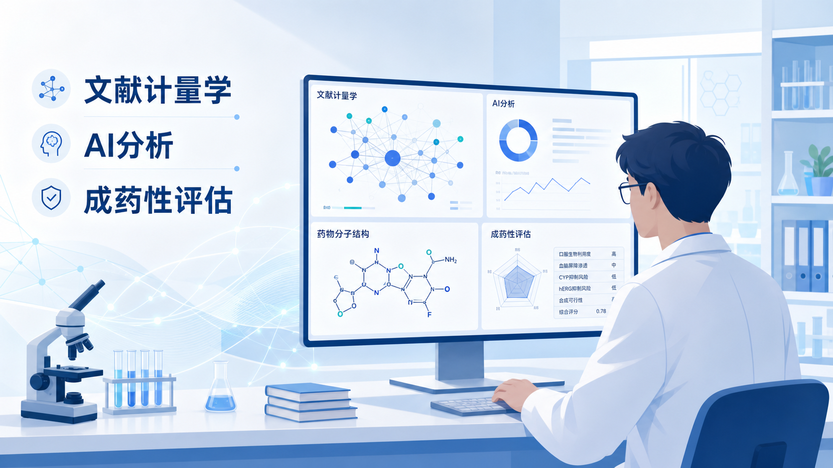 医学科研人员在电脑前查看文献网络图、AI分析面板和药物分子结构示意图,体现文献计量学与成药性评估结合的科研场景