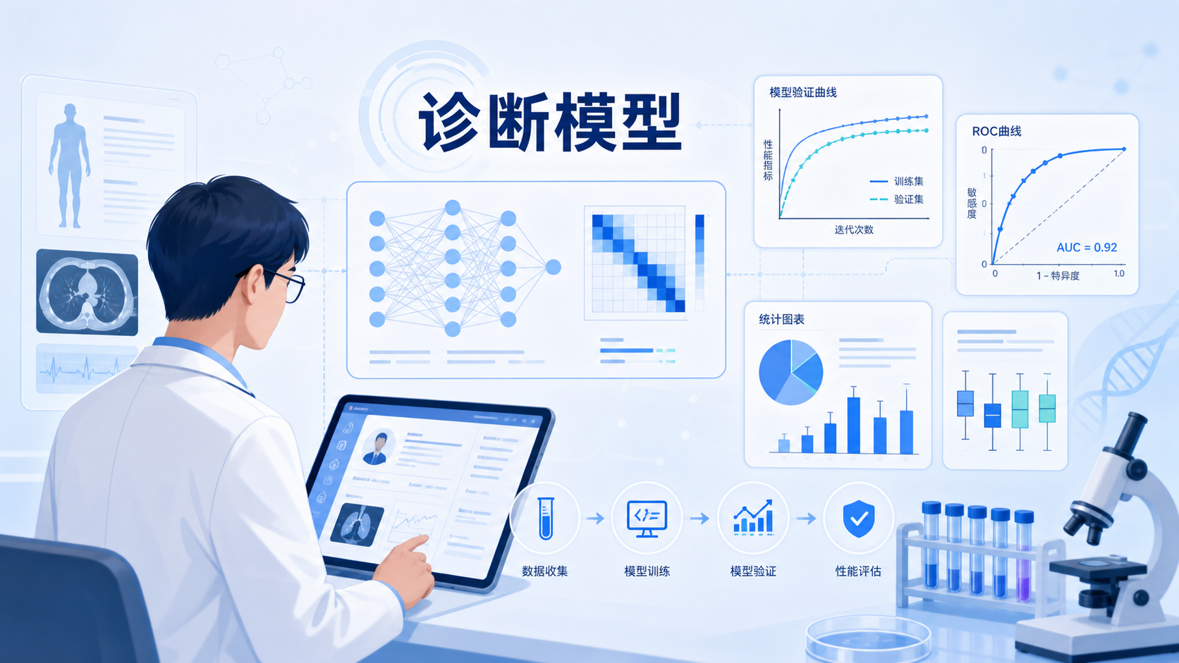 一张医学研究场景图，包含医生查看电子病历、数据分析界面、模型验证曲线和实验室样本，突出“诊断模型构建与临床验证”主题