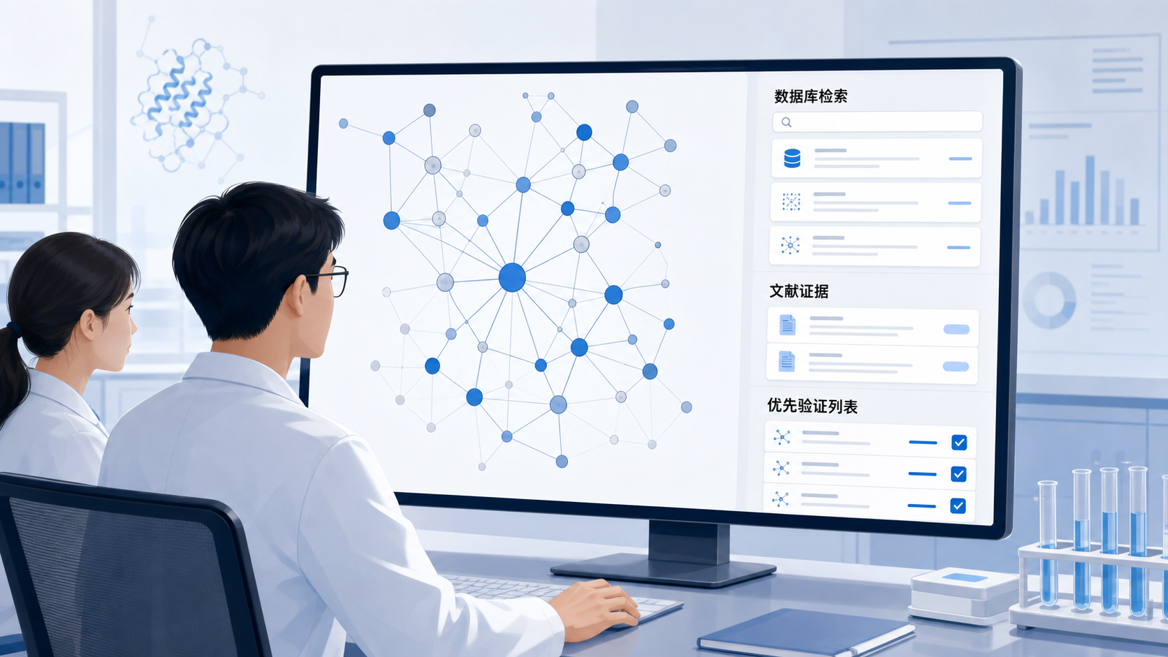 科研人员在电脑前查看蛋白互作网络图，右侧显示数据库检索、文献证据和优先验证列表的界面
