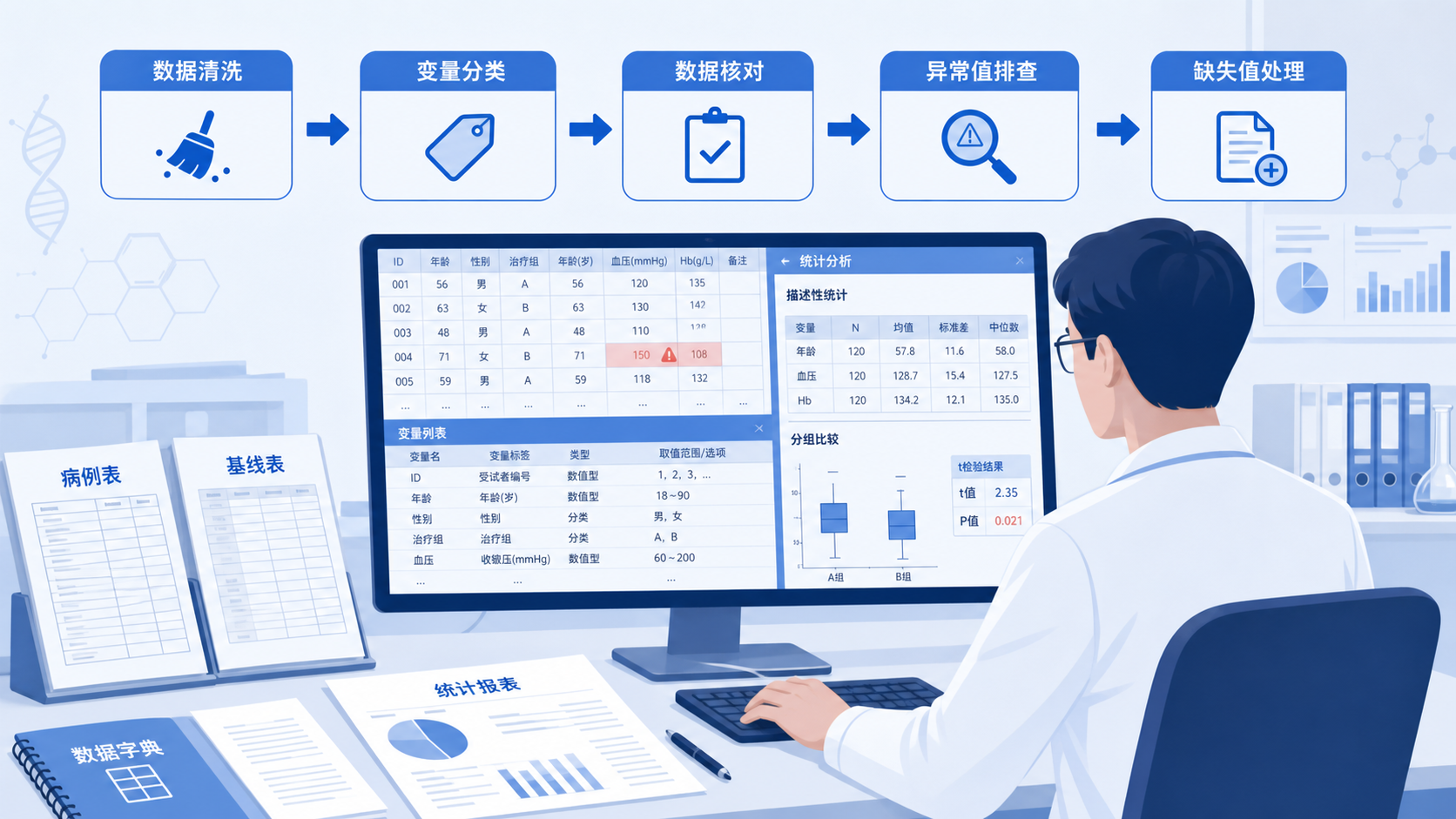 临床研究数据整理场景,研究者在电脑前核对病例表、基线表和统计软件界面,突出“数据清洗、变量分类、t检验”三个关键词