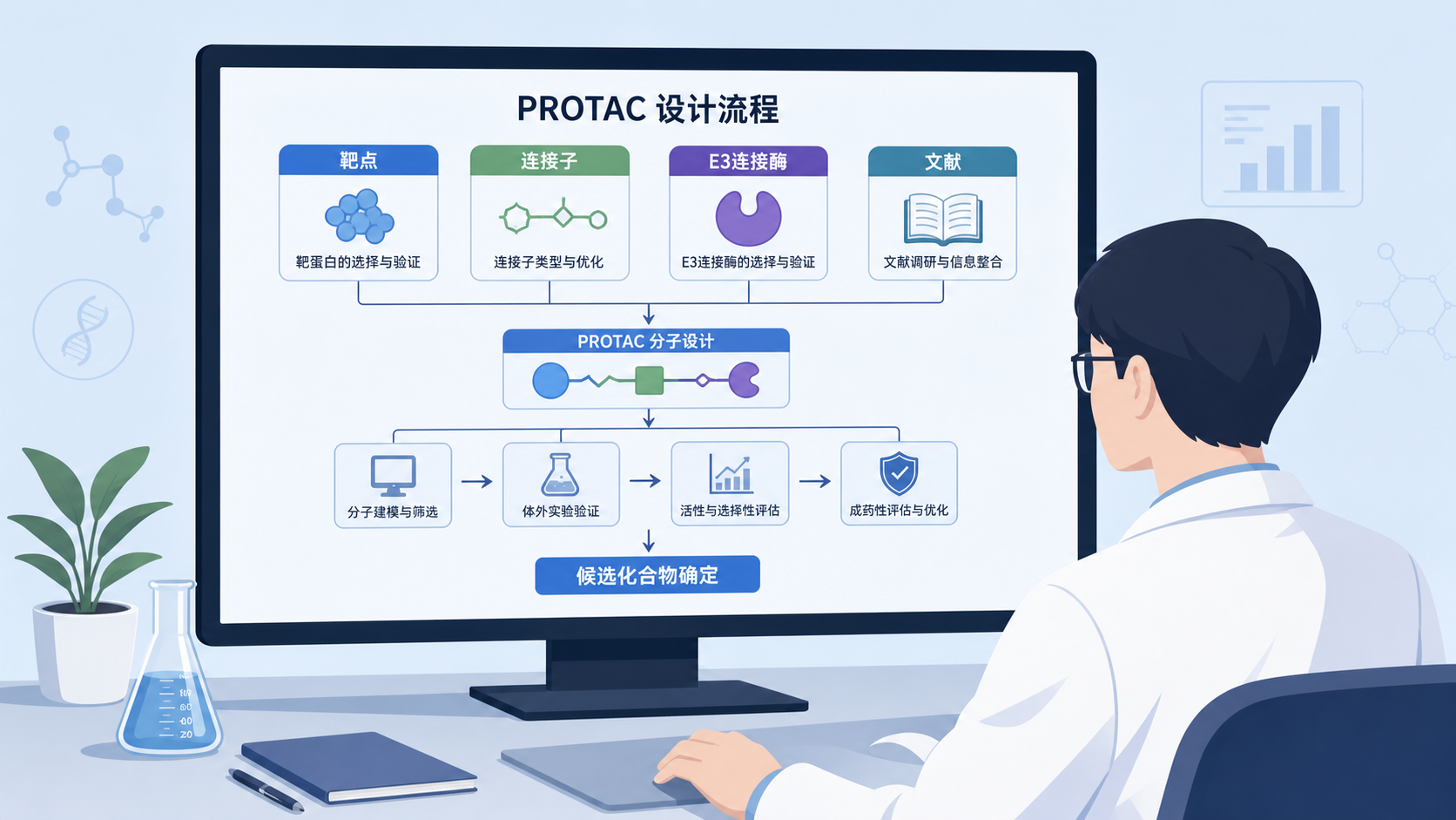 科研人员在电脑前整理PROTAC设计流程图，旁边有靶点、连接子、E3连接酶、文献等标签，突出流程复杂与工具整合场景