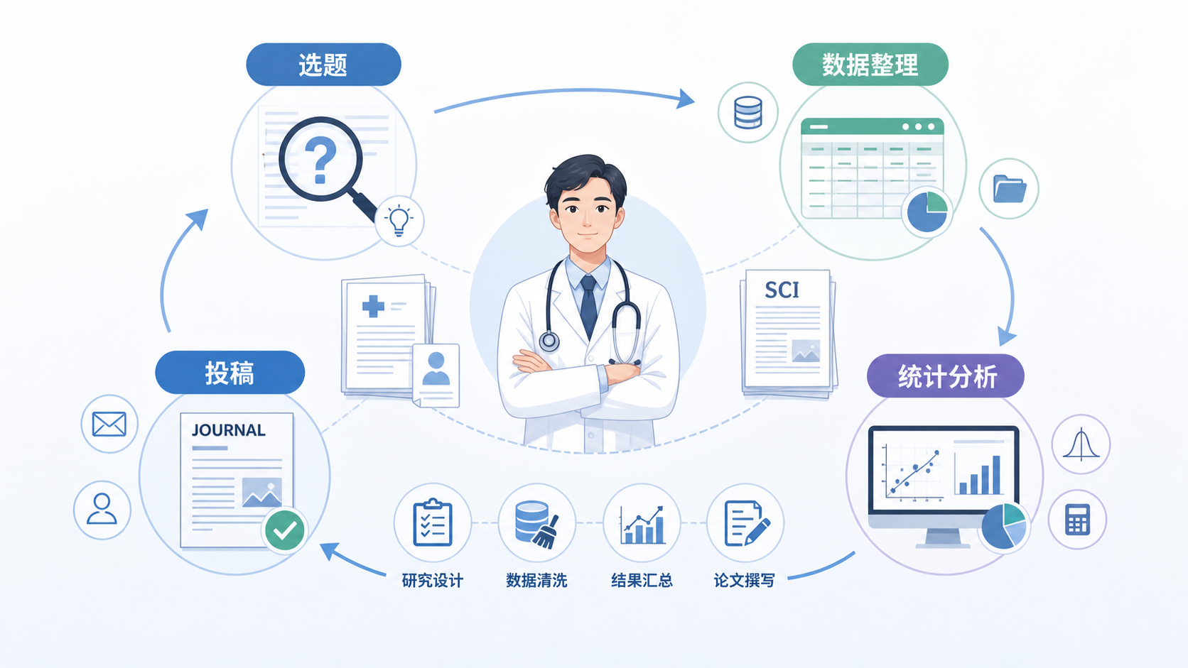 临床医生在病历、数据库和SCI论文之间做研究流程规划的示意图，突出选题、数据整理、统计分析和投稿四个环节。
