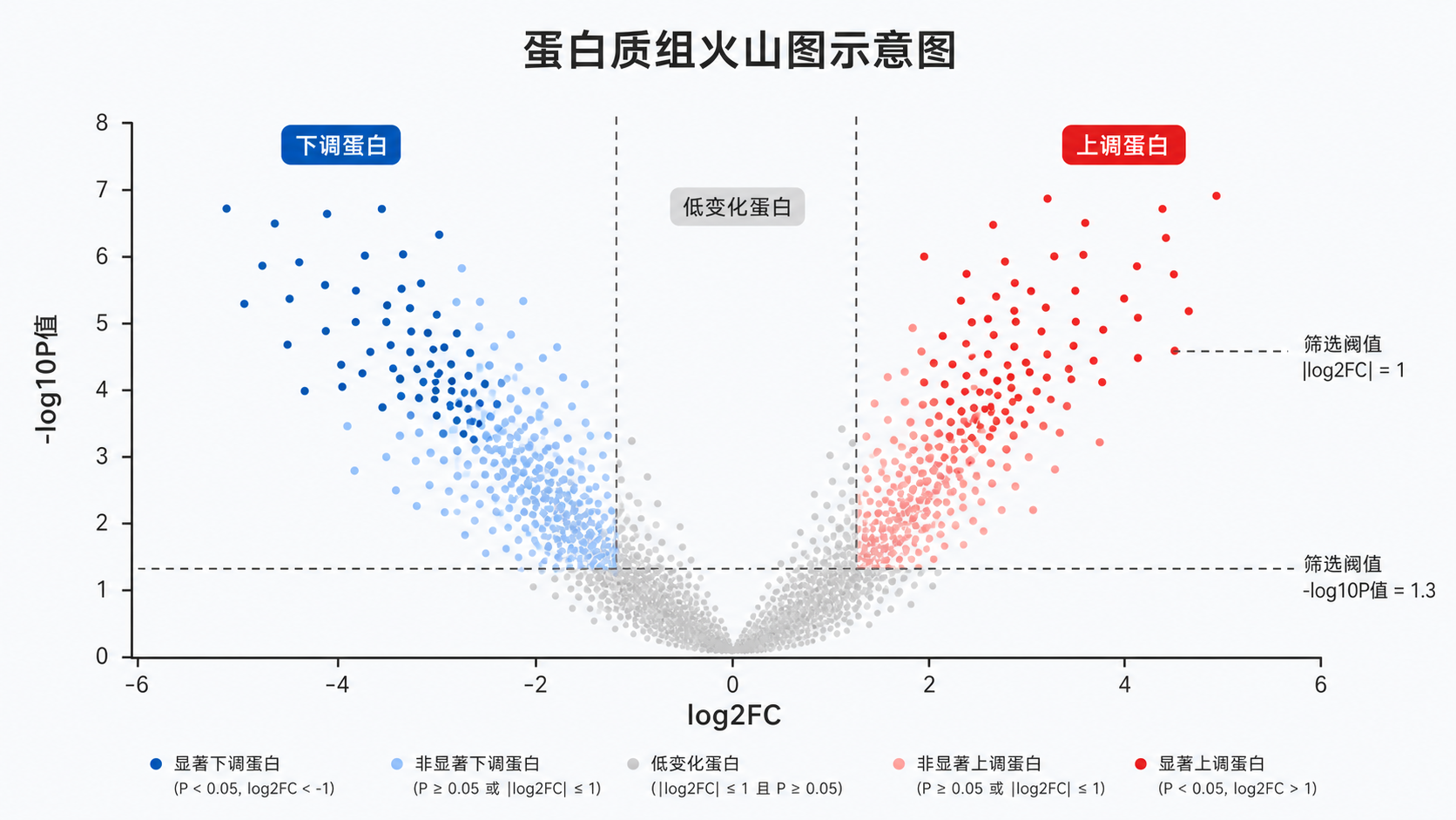一张蛋白质组火山图示意图，标注log2FC、-log10P值、上调和下调蛋白区域，并配合筛选阈值虚线