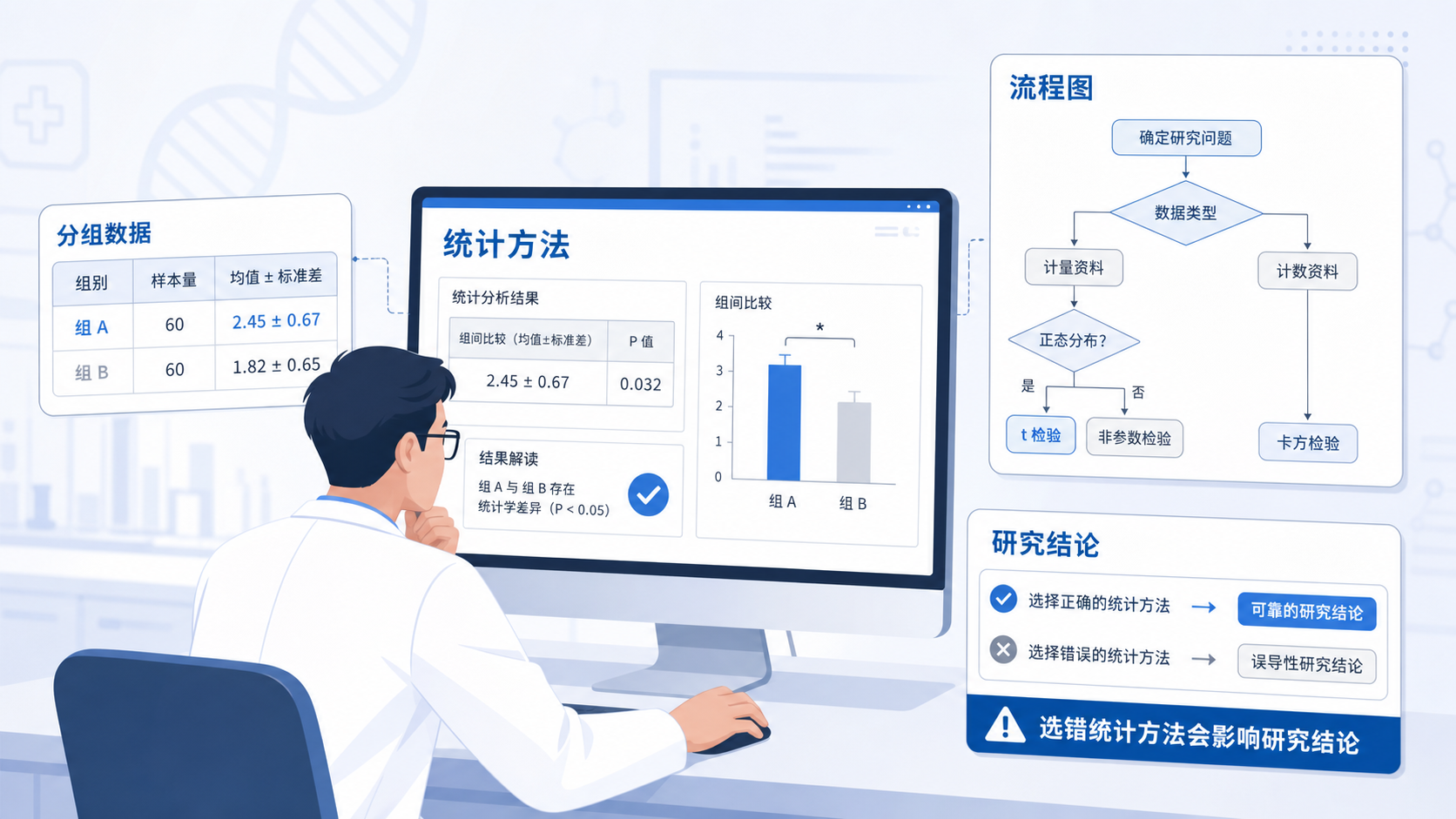 医学科研人员在电脑前查看统计软件界面,旁边是分组数据表和检验方法流程图,突出“选错统计方法会影响研究结论”
