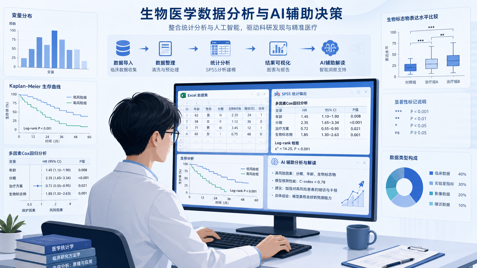 医学生在电脑前查看Excel数据表、SPSS输出和AI辅助分析界面,背景包含柱状图、KM曲线和显著性标记