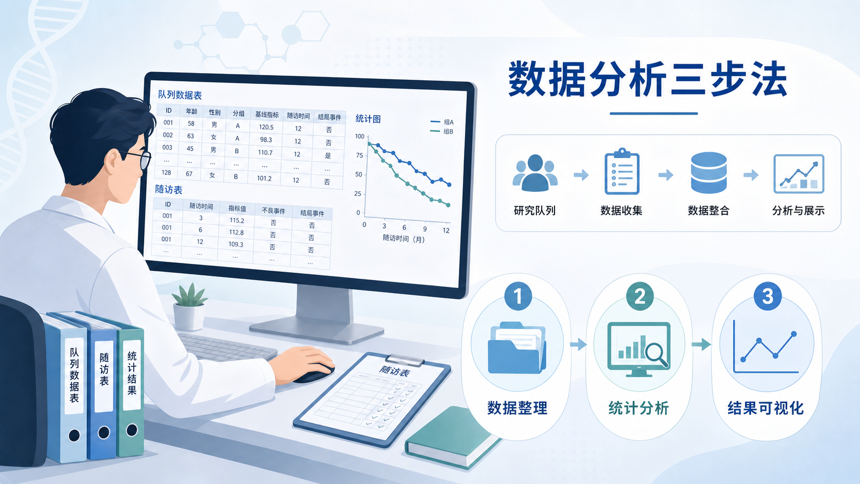 临床研究者在电脑前整理队列数据表、随访表和统计图,旁边有研究流程示意图,突出“数据分析三步法”。