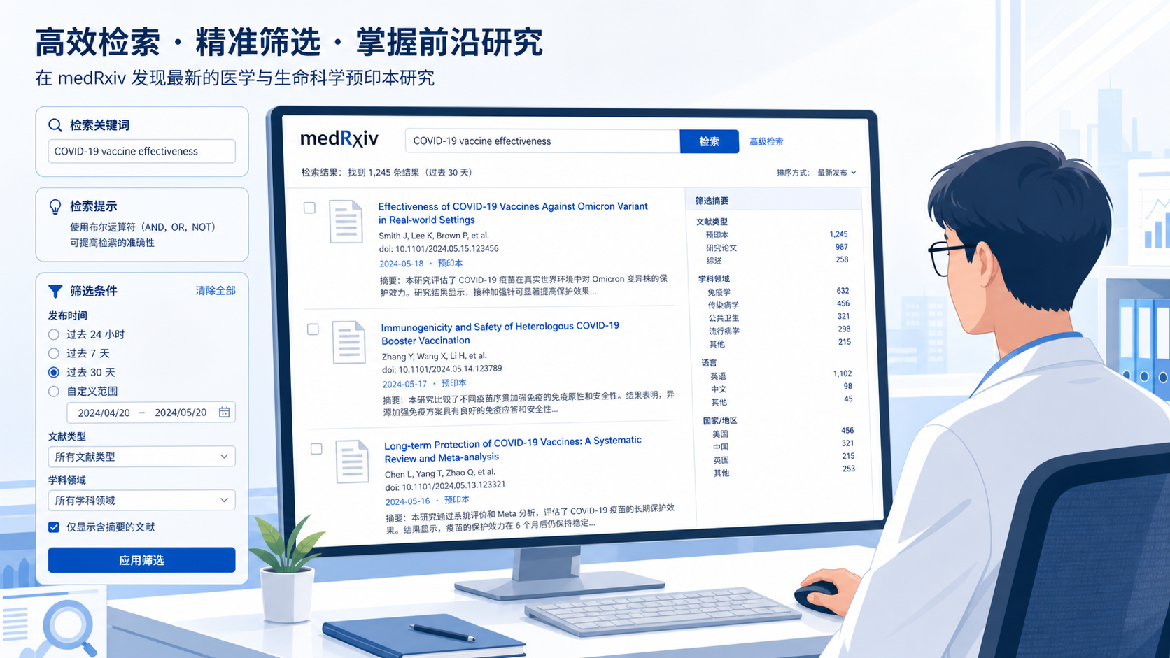 科研人员在电脑前使用文献检索工具筛选medRxiv预印本,屏幕上显示关键词、标题、摘要和筛选条件界面